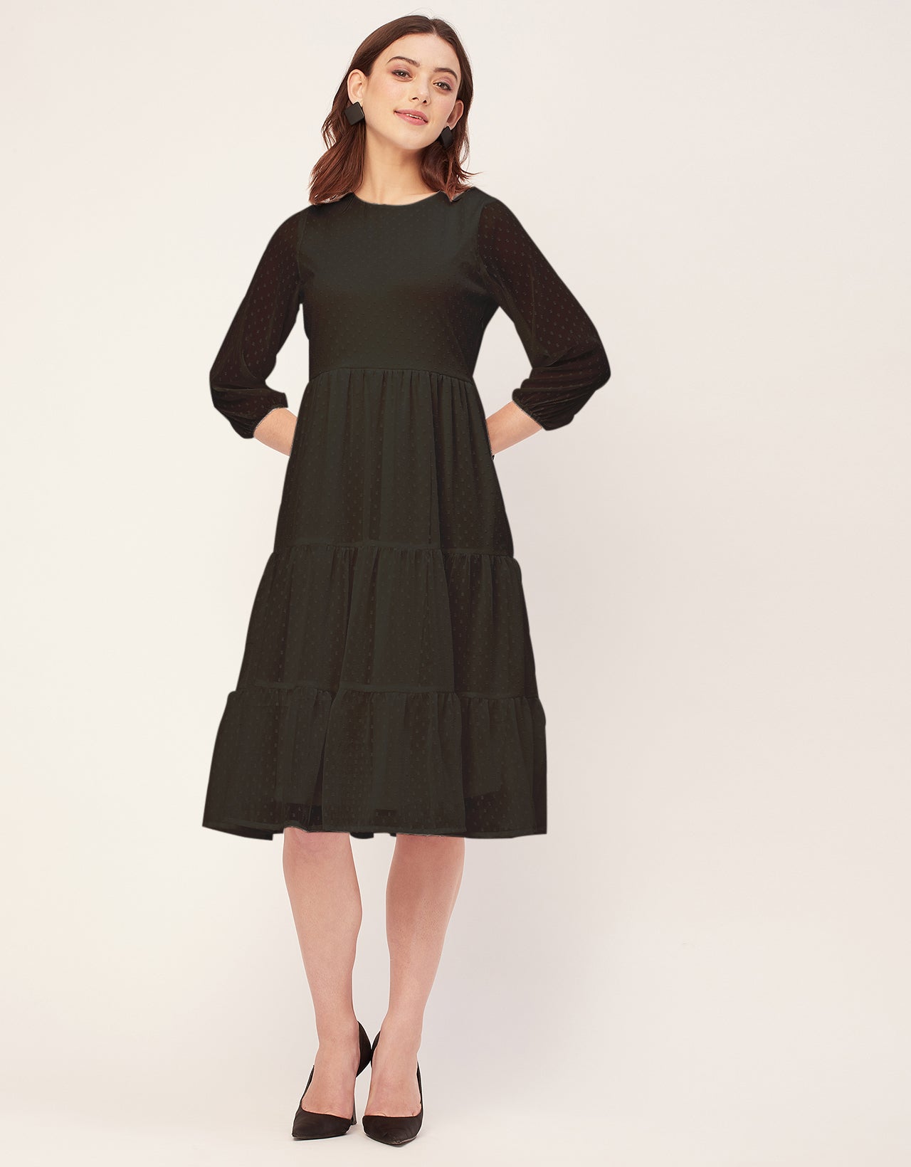 Round Neck Tiered Solid Georgette Dress
