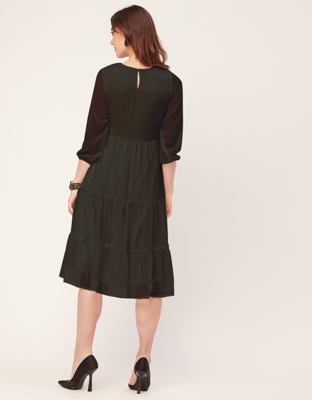 Round Neck Tiered Solid Georgette Dress