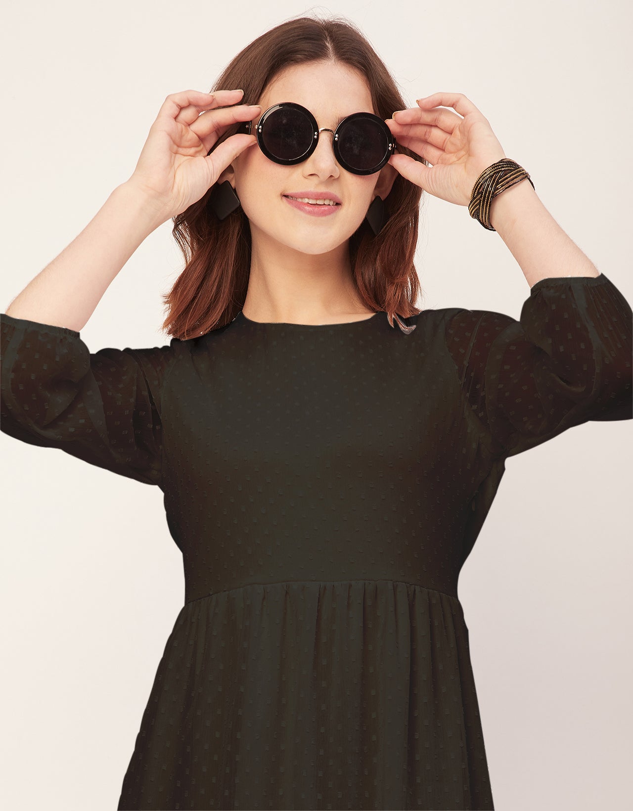 Round Neck Tiered Solid Georgette Dress