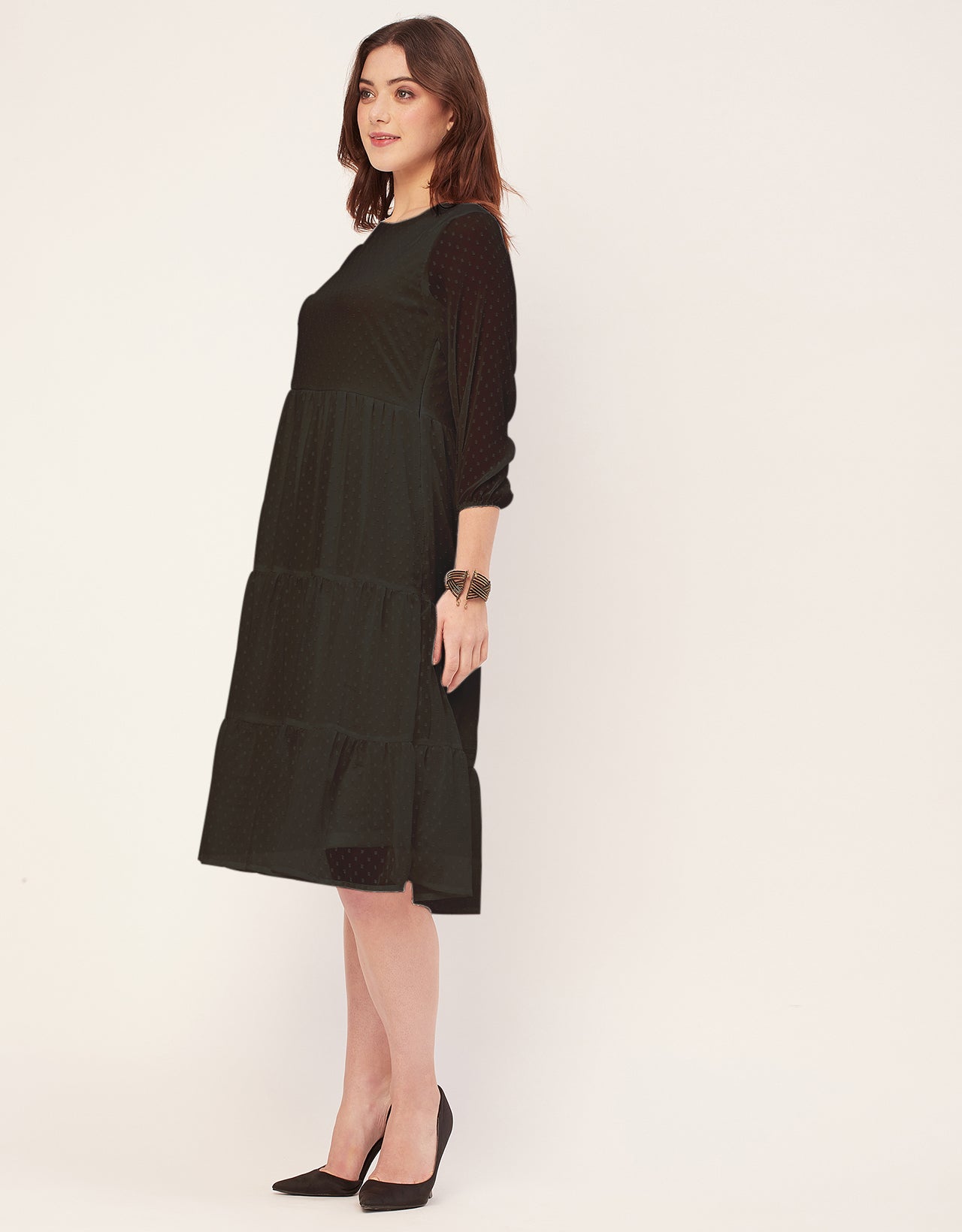 Round Neck Tiered Solid Georgette Dress