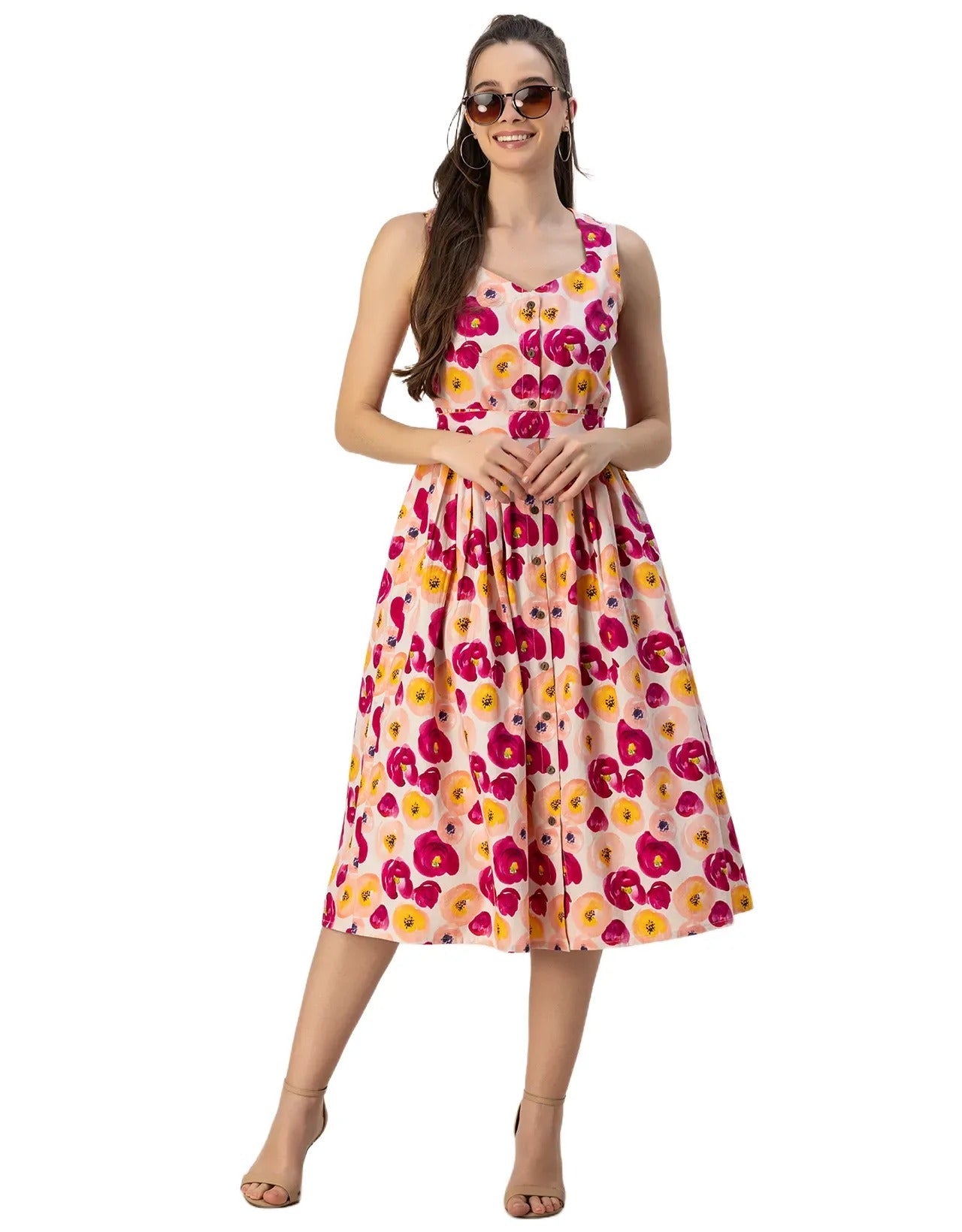 Sleeveless Sweetheart Neck Flared Cotton Dress