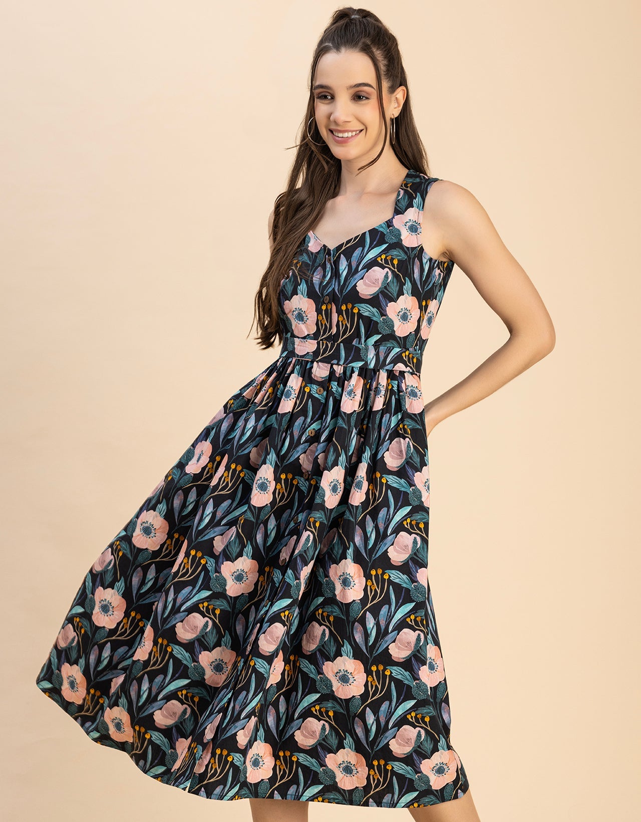 Sleeveless Sweetheart Neck Flared Cotton Dress