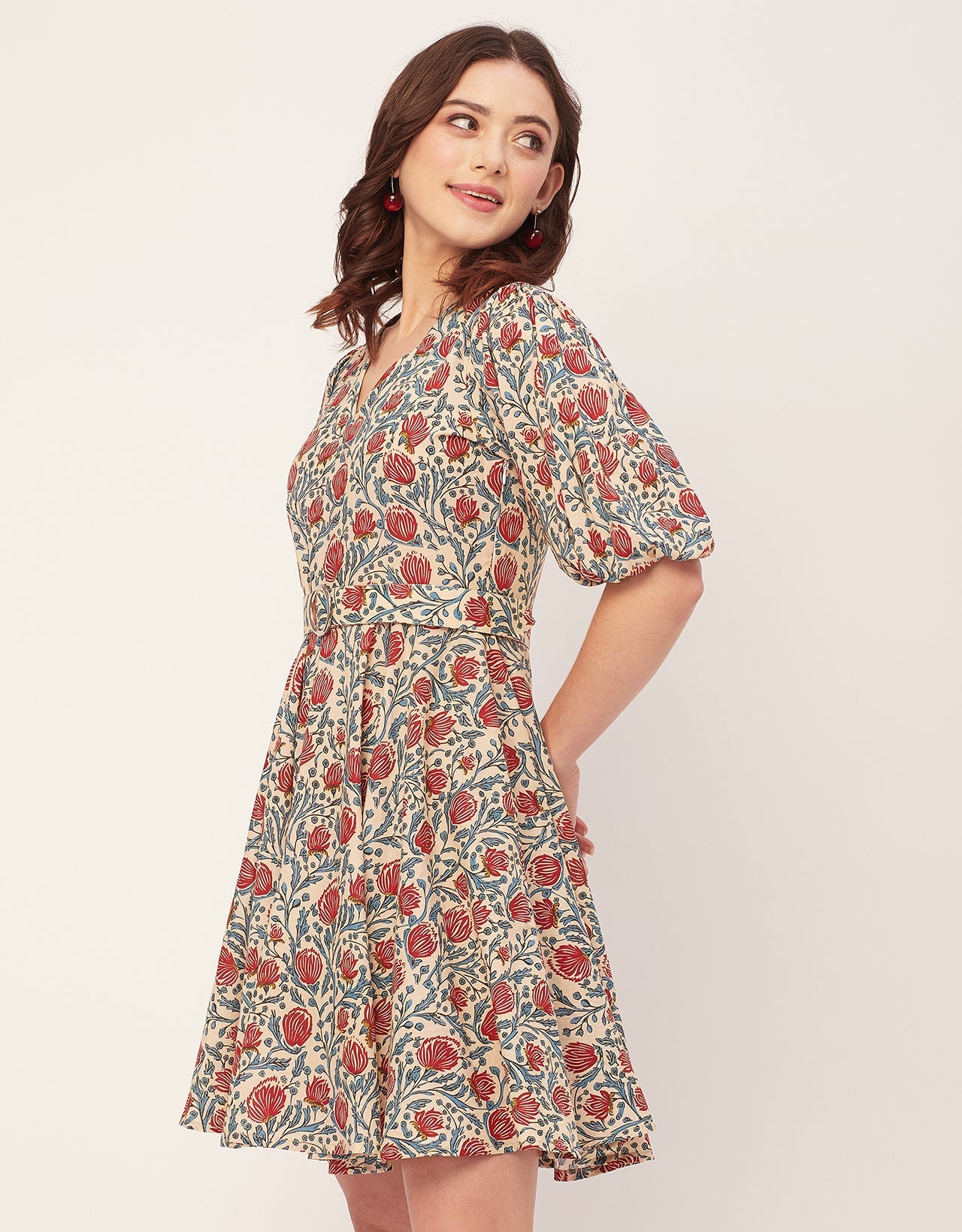 Short Sleeves V Neck Cotton Dress