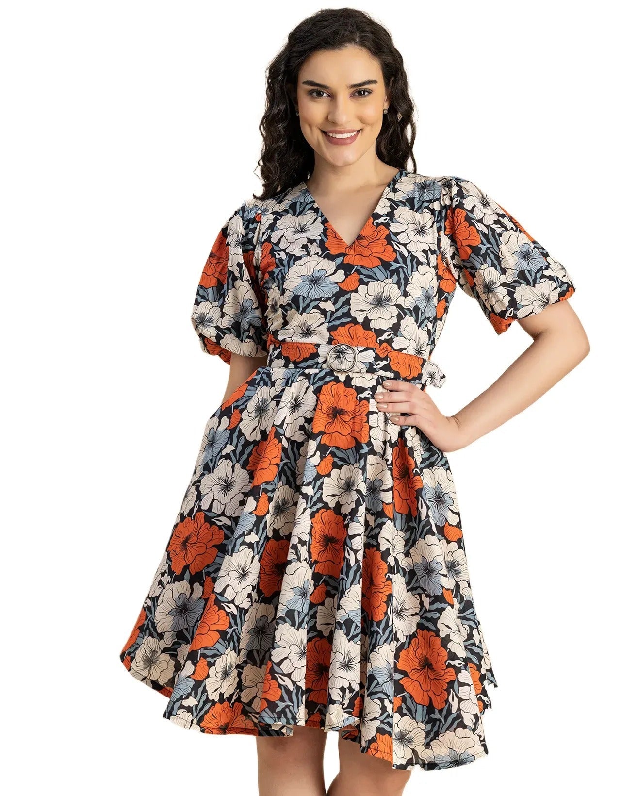 Short Sleeves V Neck Cotton Dress