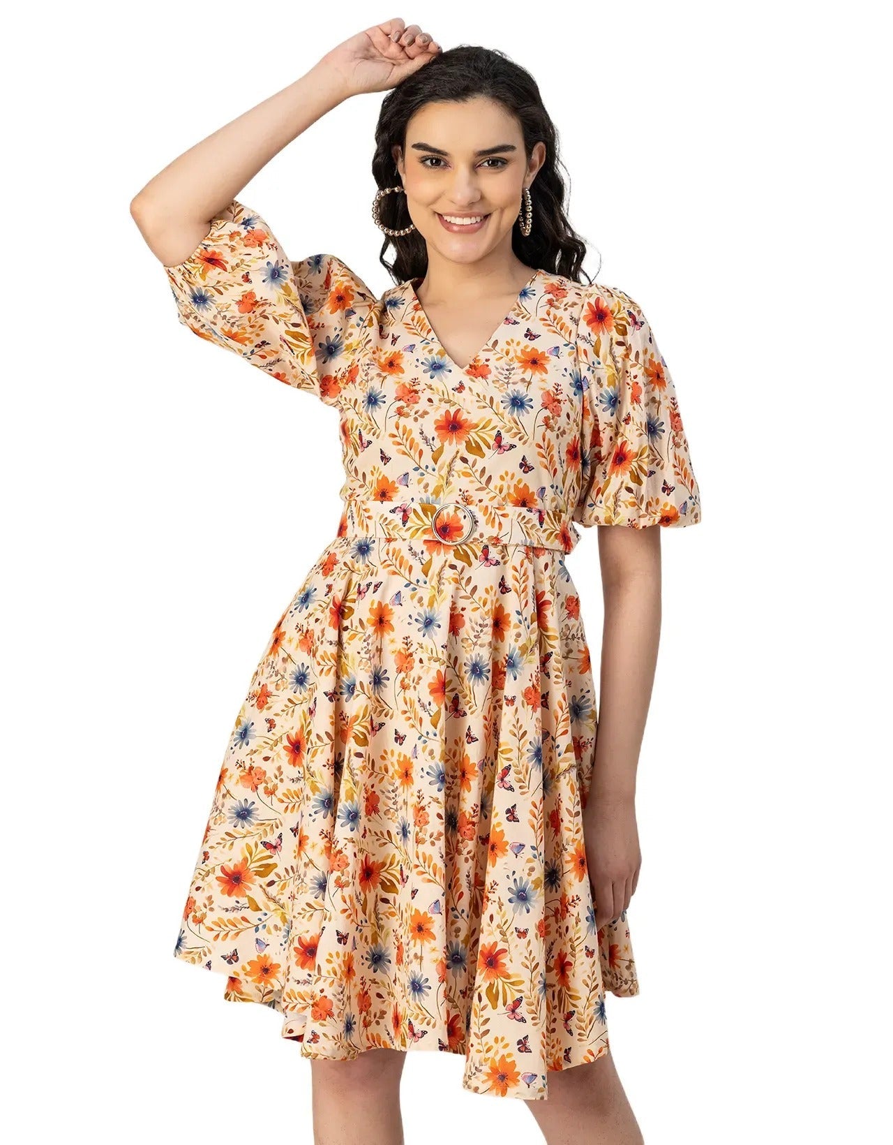 Short Sleeves V Neck Cotton Dress