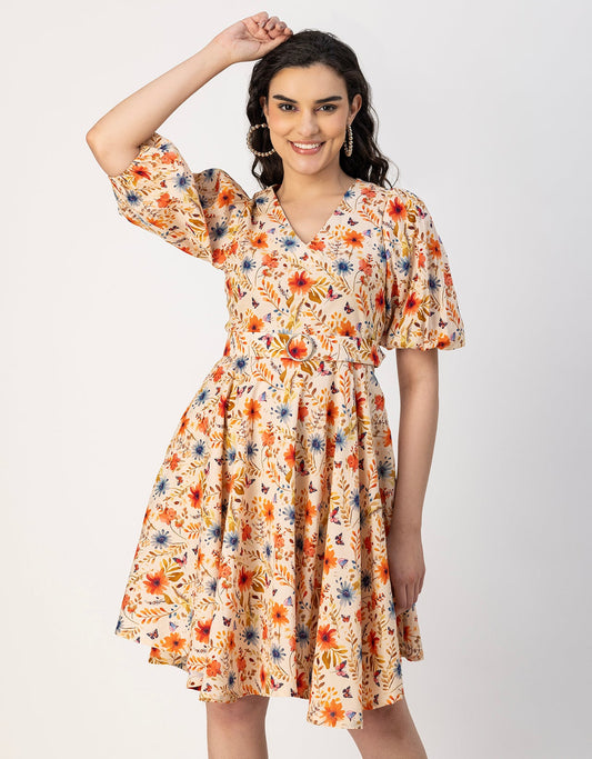 Short Sleeves V Neck Cotton Dress