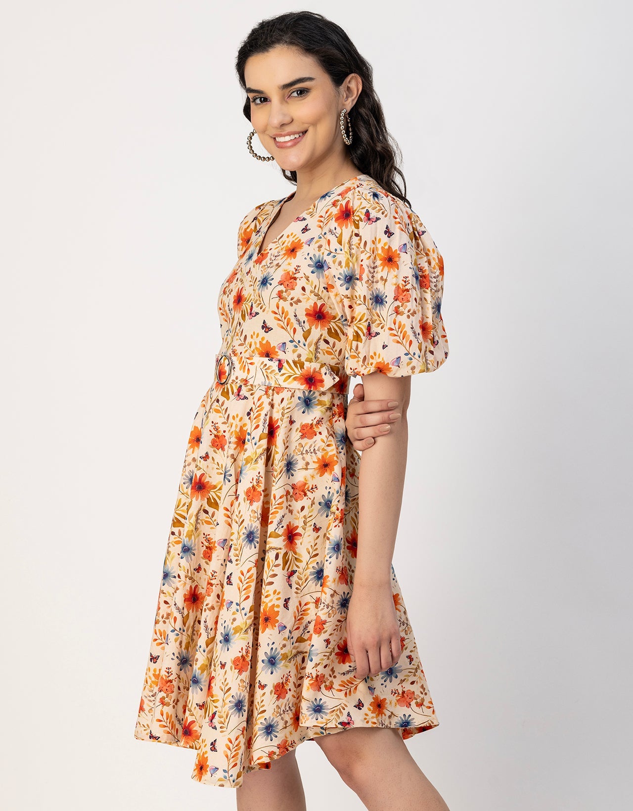 Short Sleeves V Neck Cotton Dress