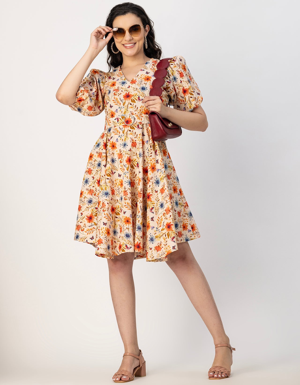 Short Sleeves V Neck Cotton Dress