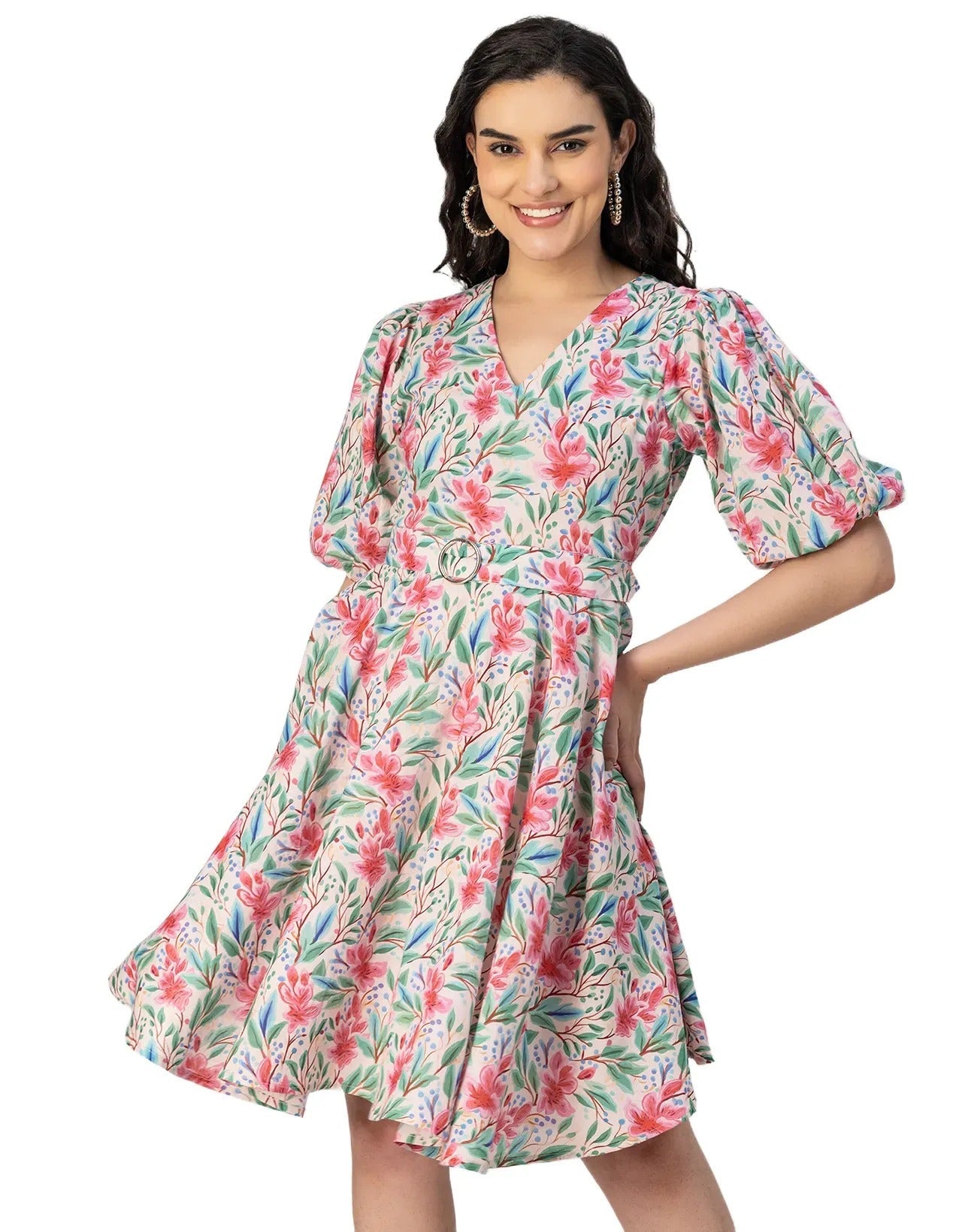 Short Sleeves V Neck Cotton Dress