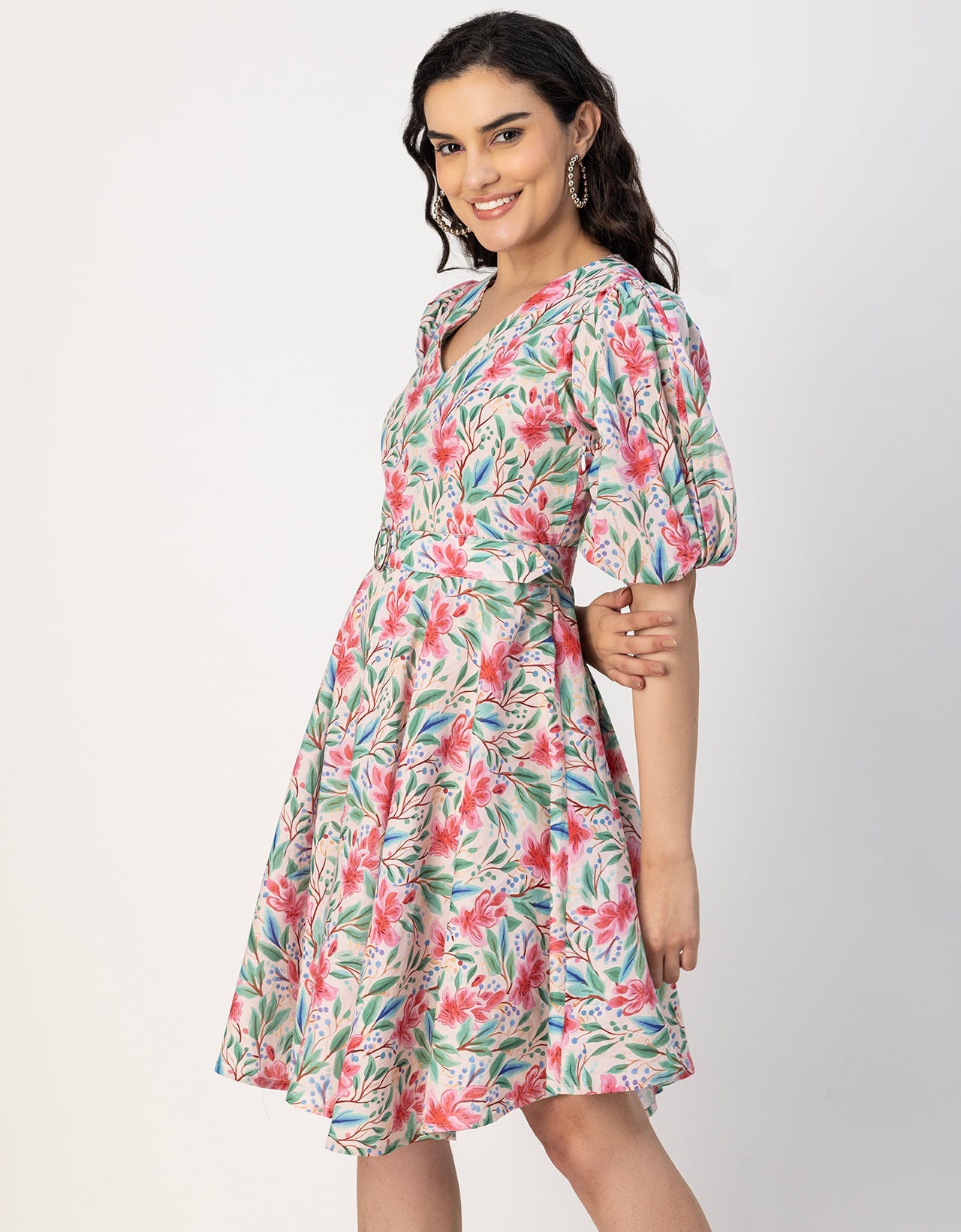 Short Sleeves V Neck Cotton Dress