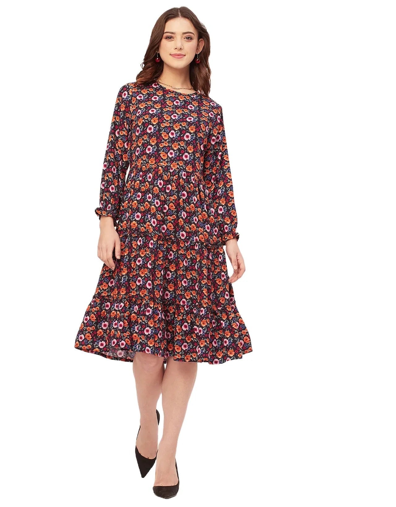 Long Sleeves Round Neck Printed Rayon Dress