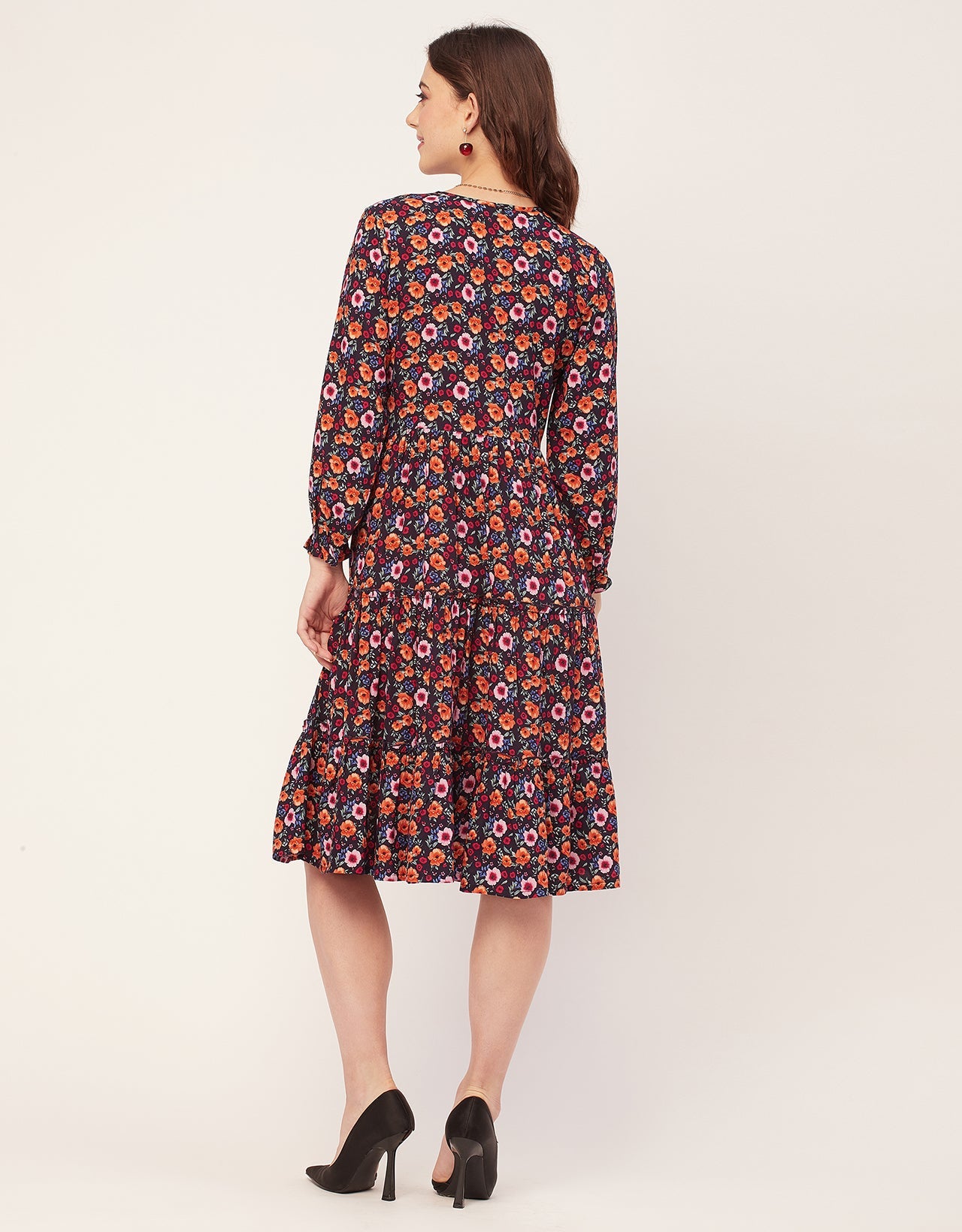 Long Sleeves Round Neck Printed Rayon Dress