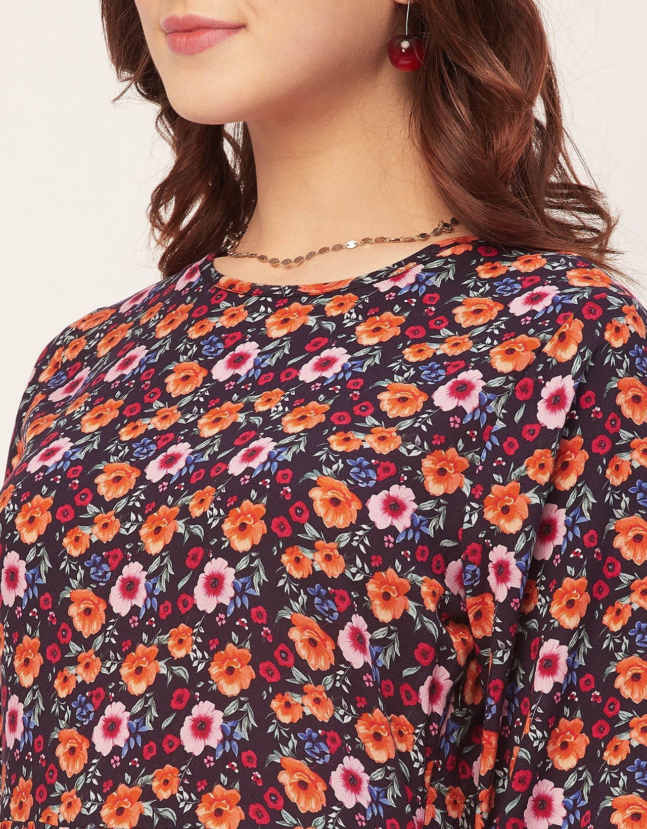 Long Sleeves Round Neck Printed Rayon Dress