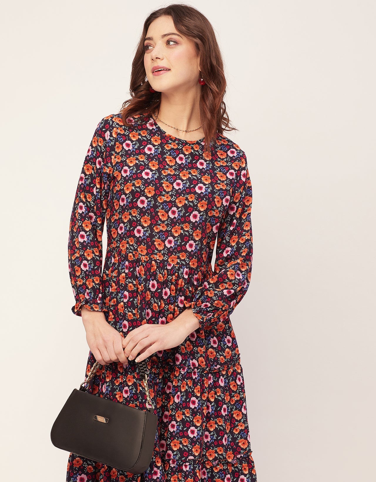 Long Sleeves Round Neck Printed Rayon Dress