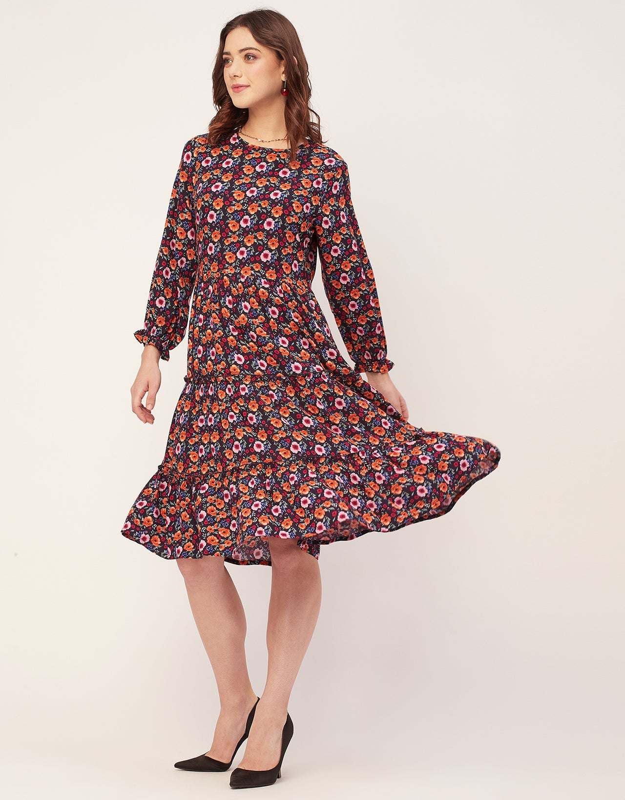 Long Sleeves Round Neck Printed Rayon Dress