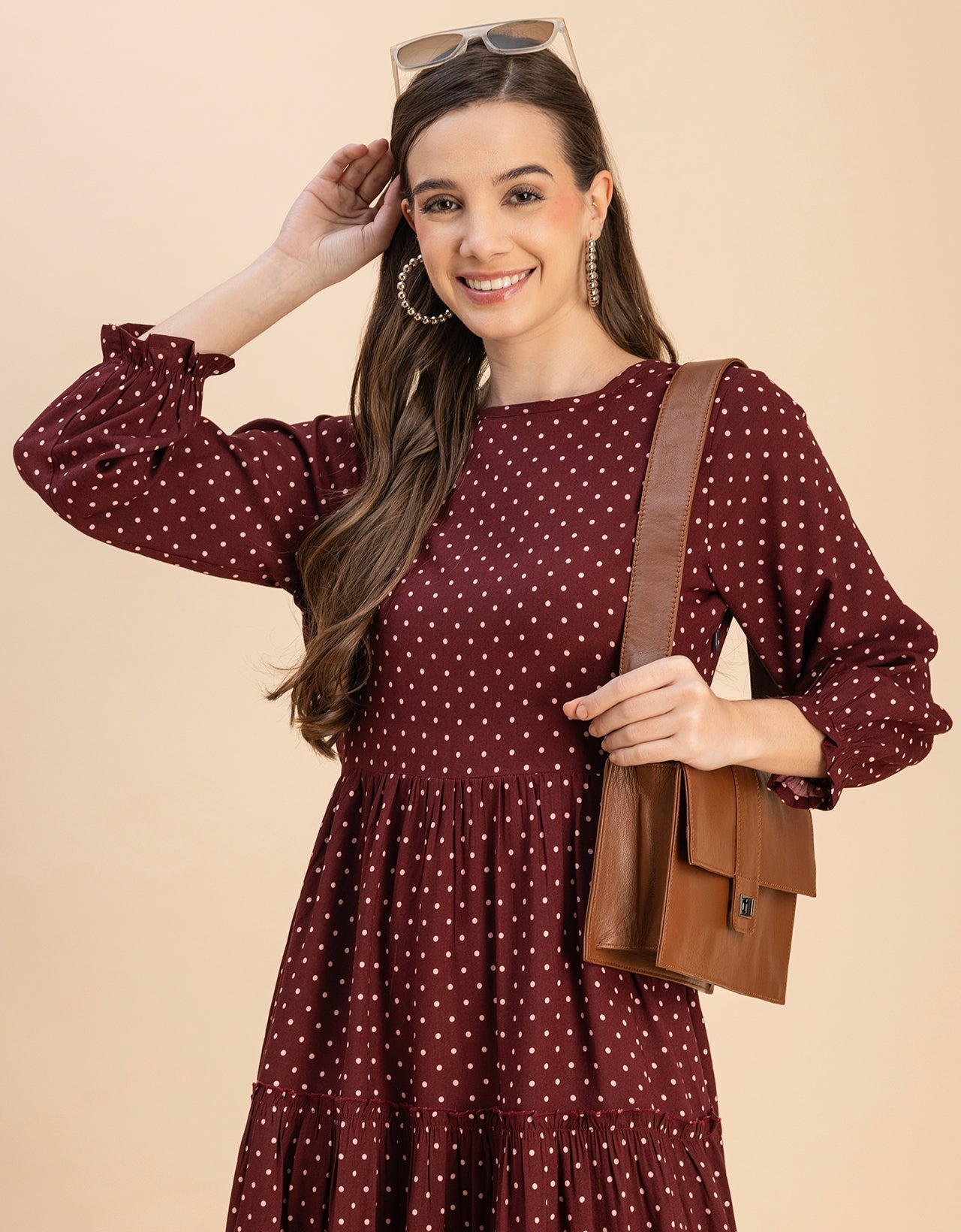 Long Sleeves Round Neck Printed Rayon Dress