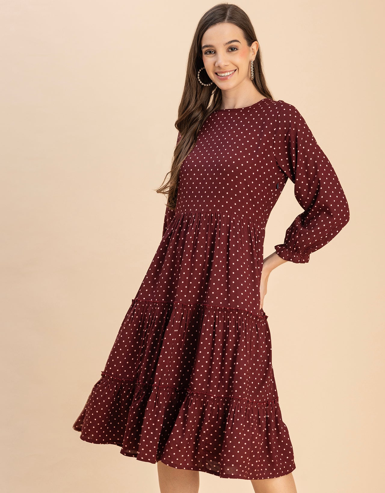 Long Sleeves Round Neck Printed Rayon Dress