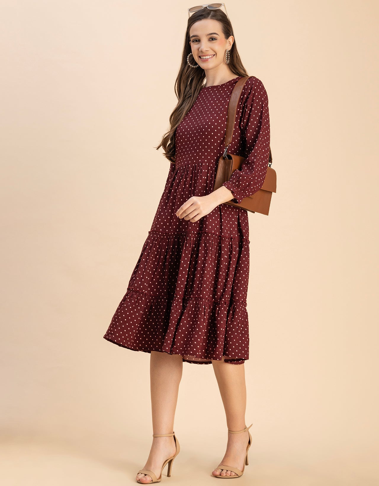 Long Sleeves Round Neck Printed Rayon Dress