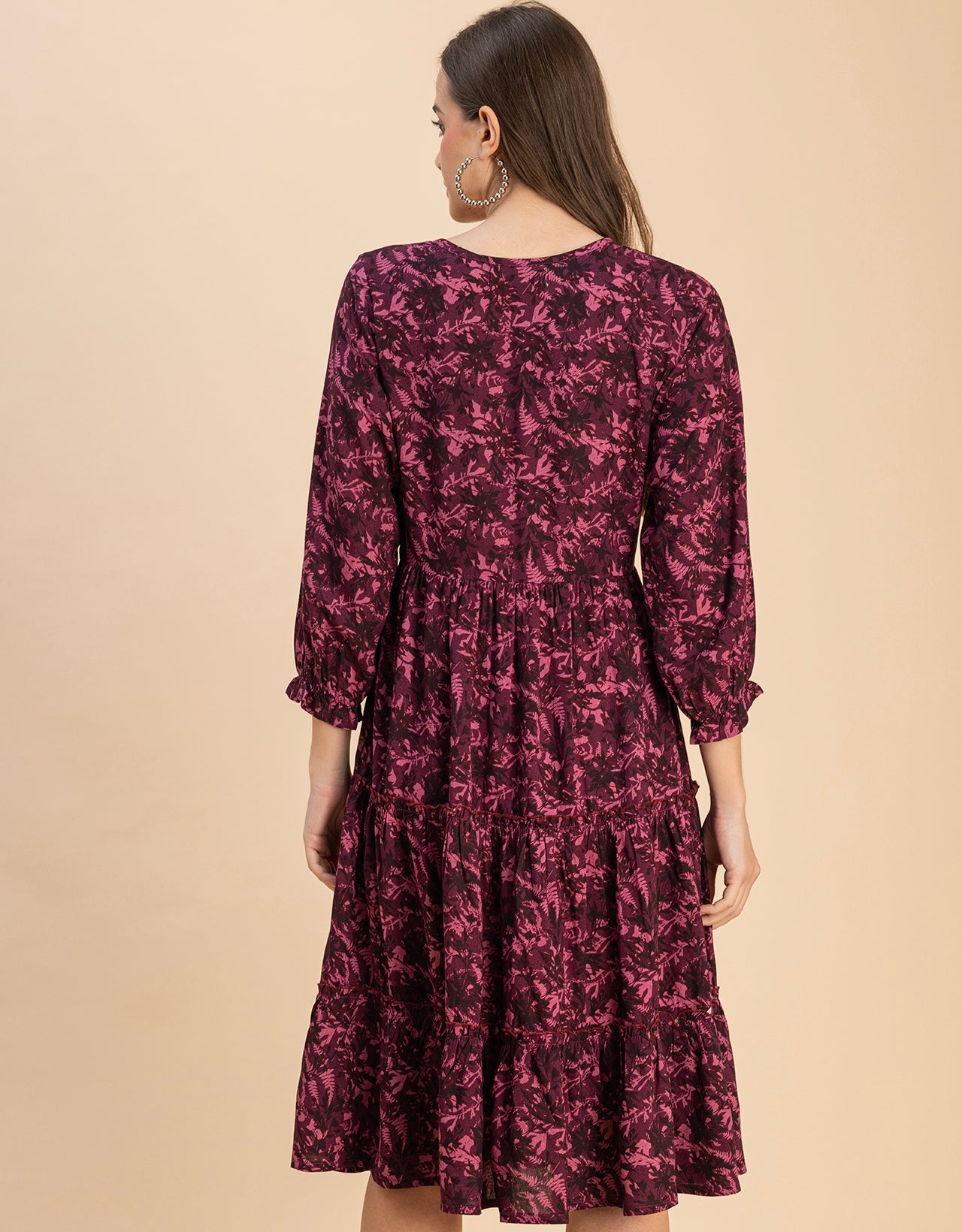 Long Sleeves Round Neck Printed Rayon Dress