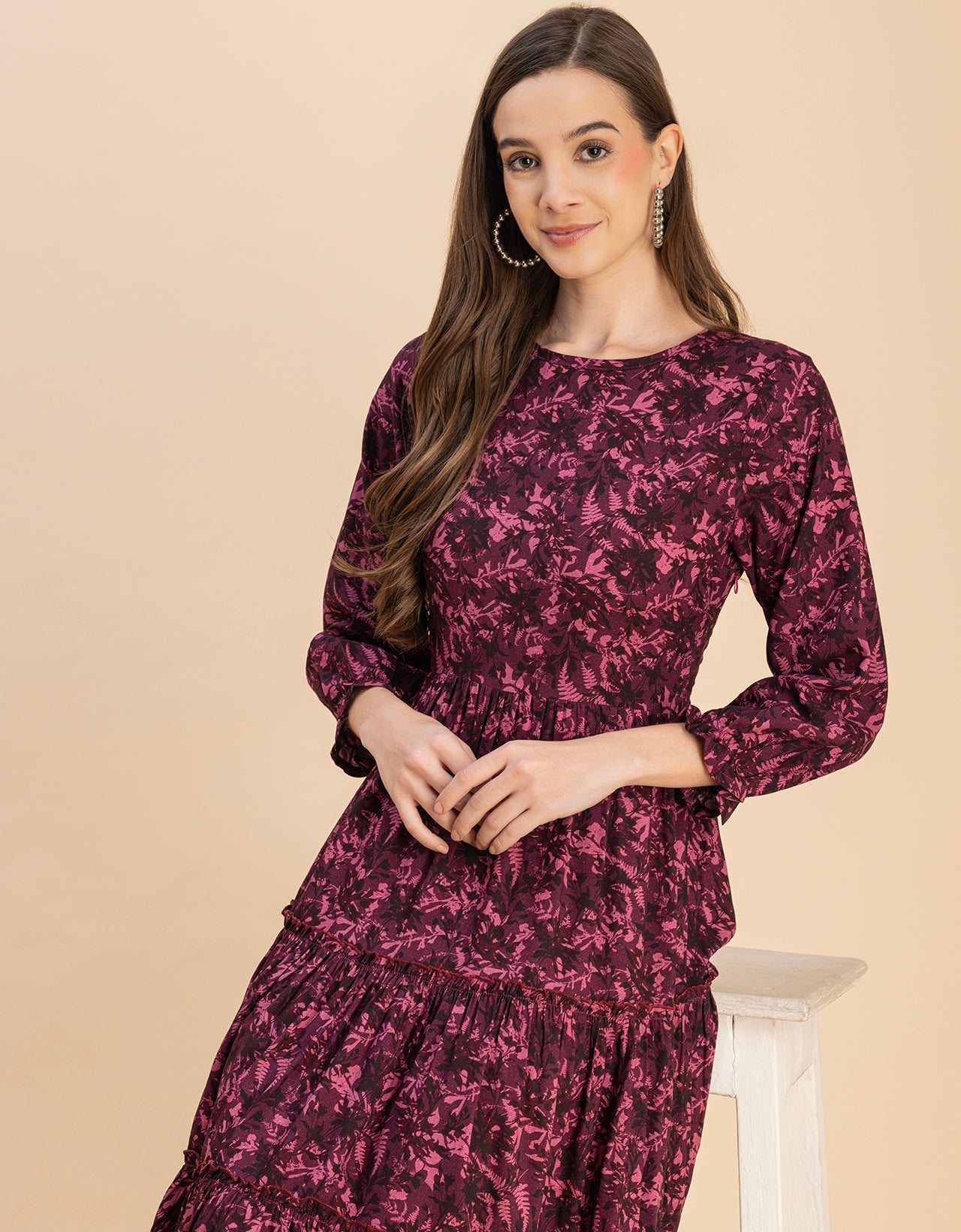 Long Sleeves Round Neck Printed Rayon Dress