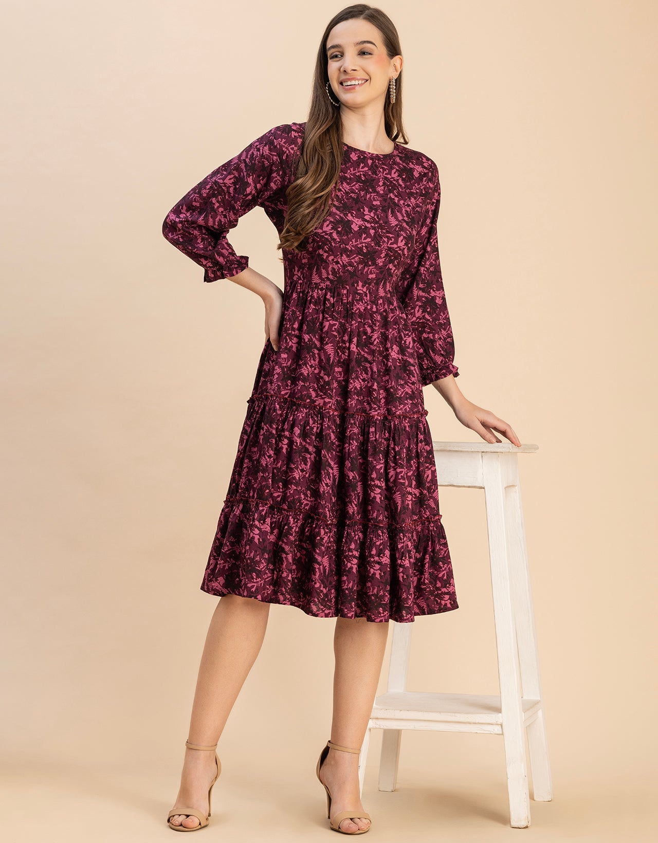 Long Sleeves Round Neck Printed Rayon Dress