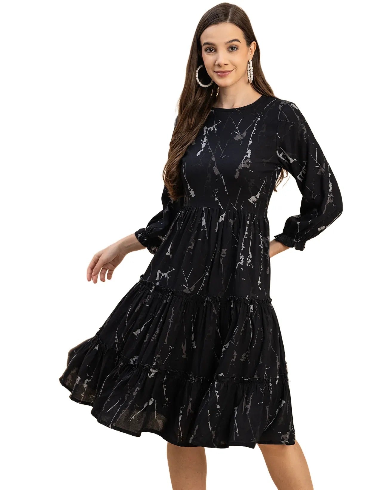 Long Sleeves Round Neck Printed Rayon Dress