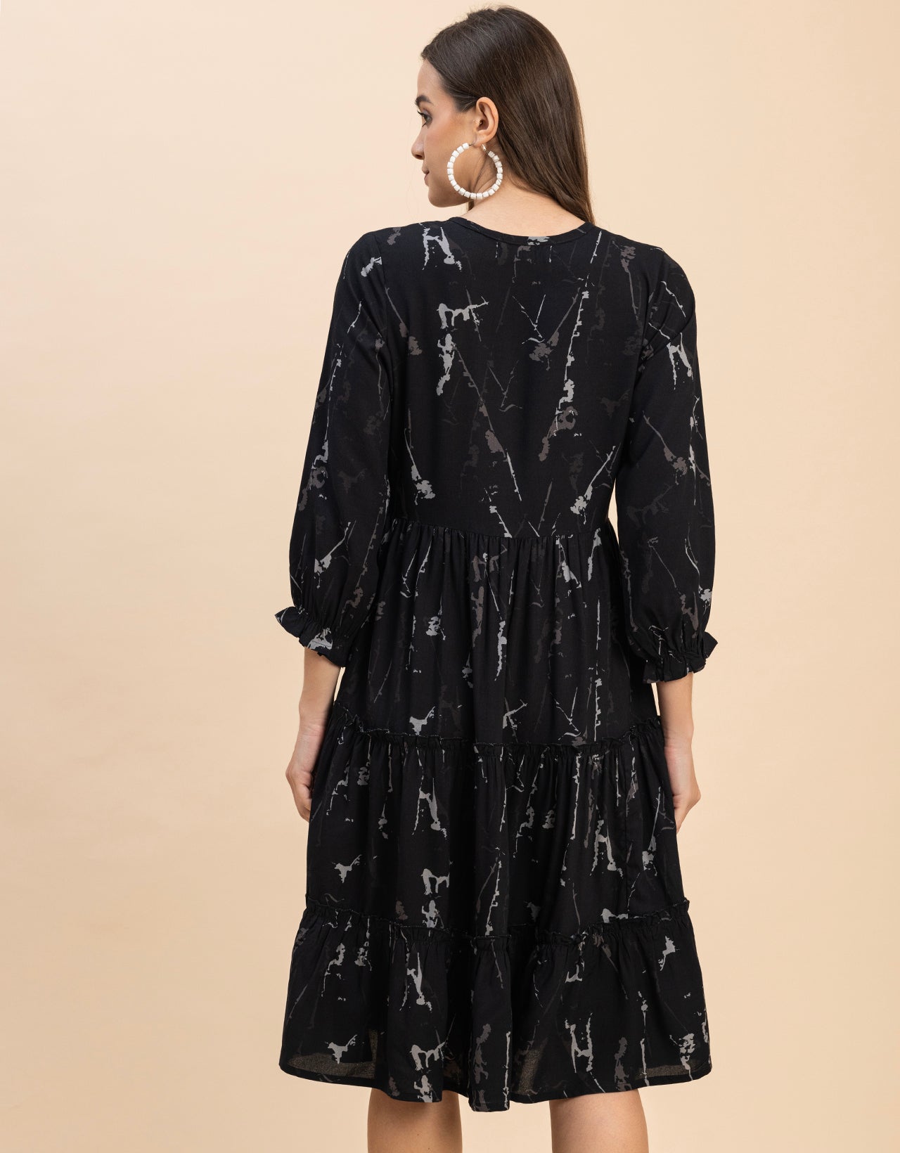 Long Sleeves Round Neck Printed Rayon Dress