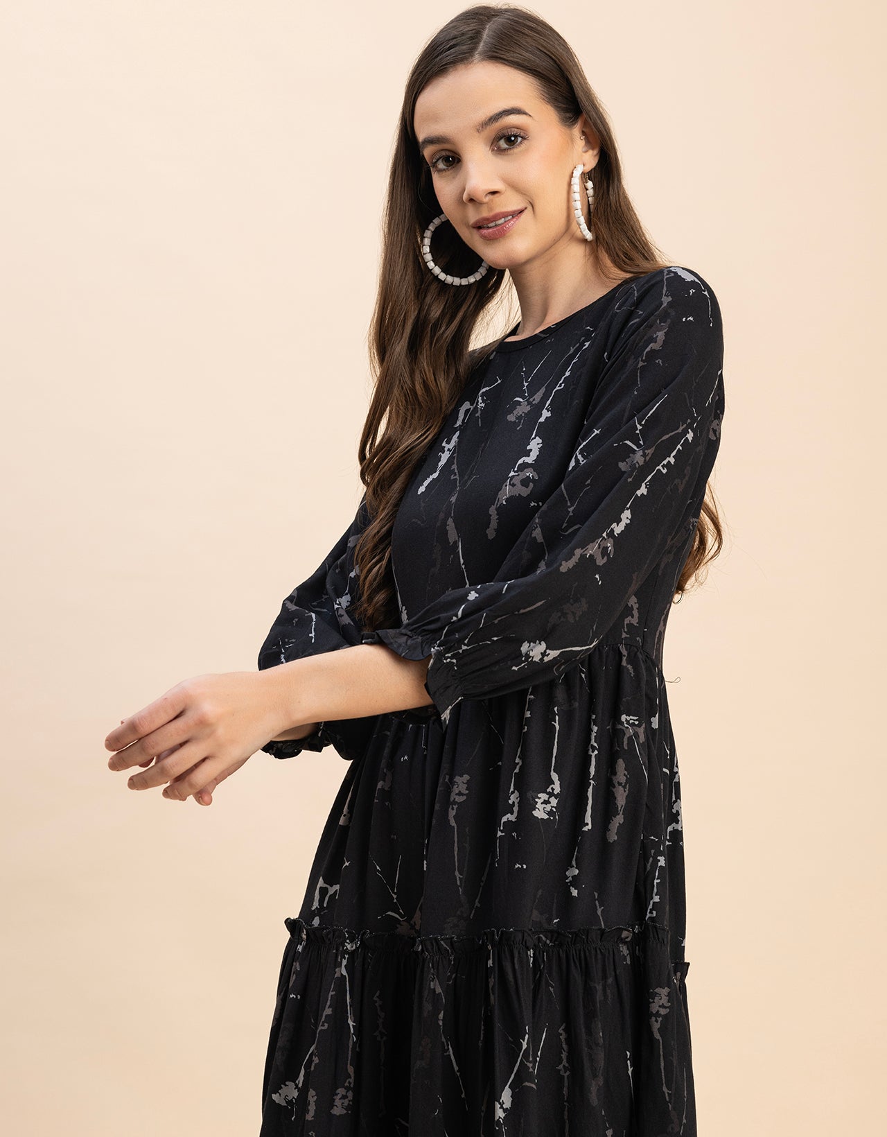 Long Sleeves Round Neck Printed Rayon Dress