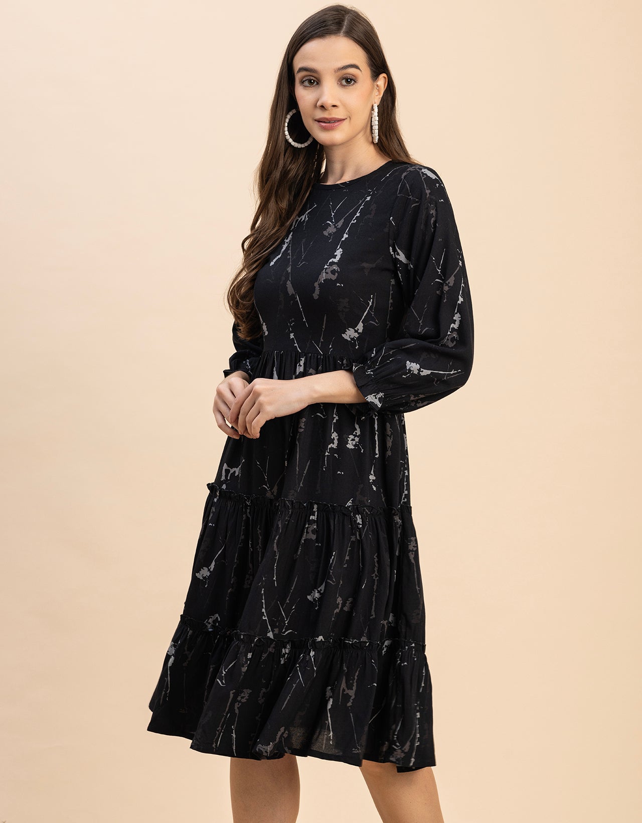 Long Sleeves Round Neck Printed Rayon Dress