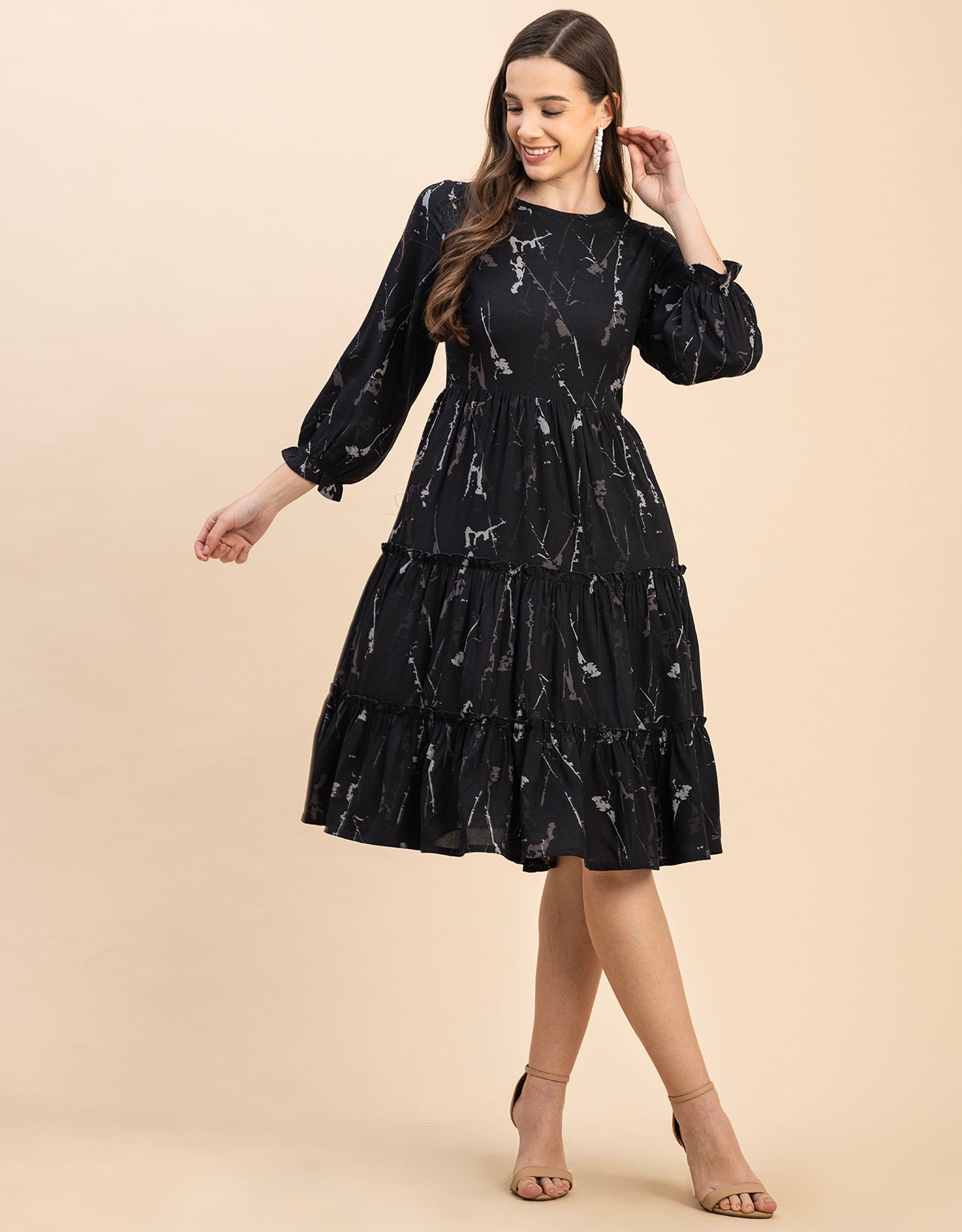 Long Sleeves Round Neck Printed Rayon Dress