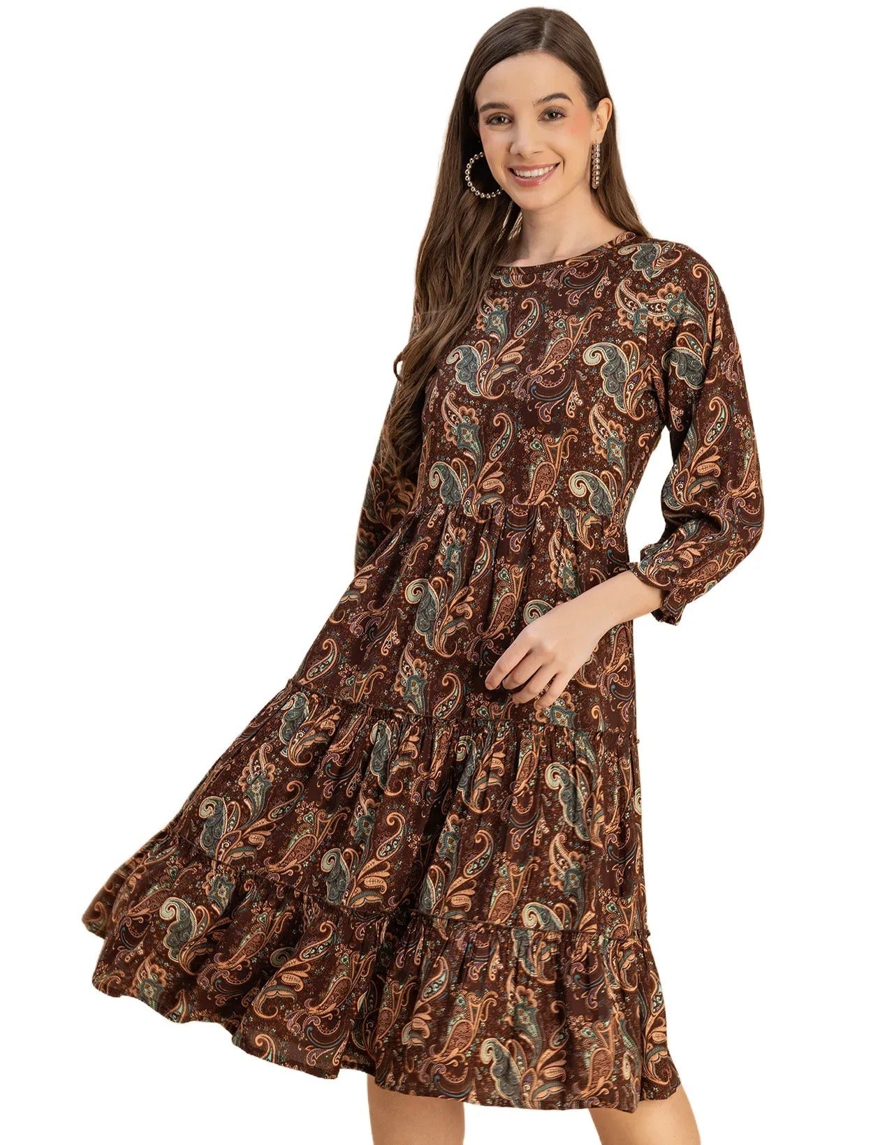 Long Sleeves Round Neck Printed Rayon Dress