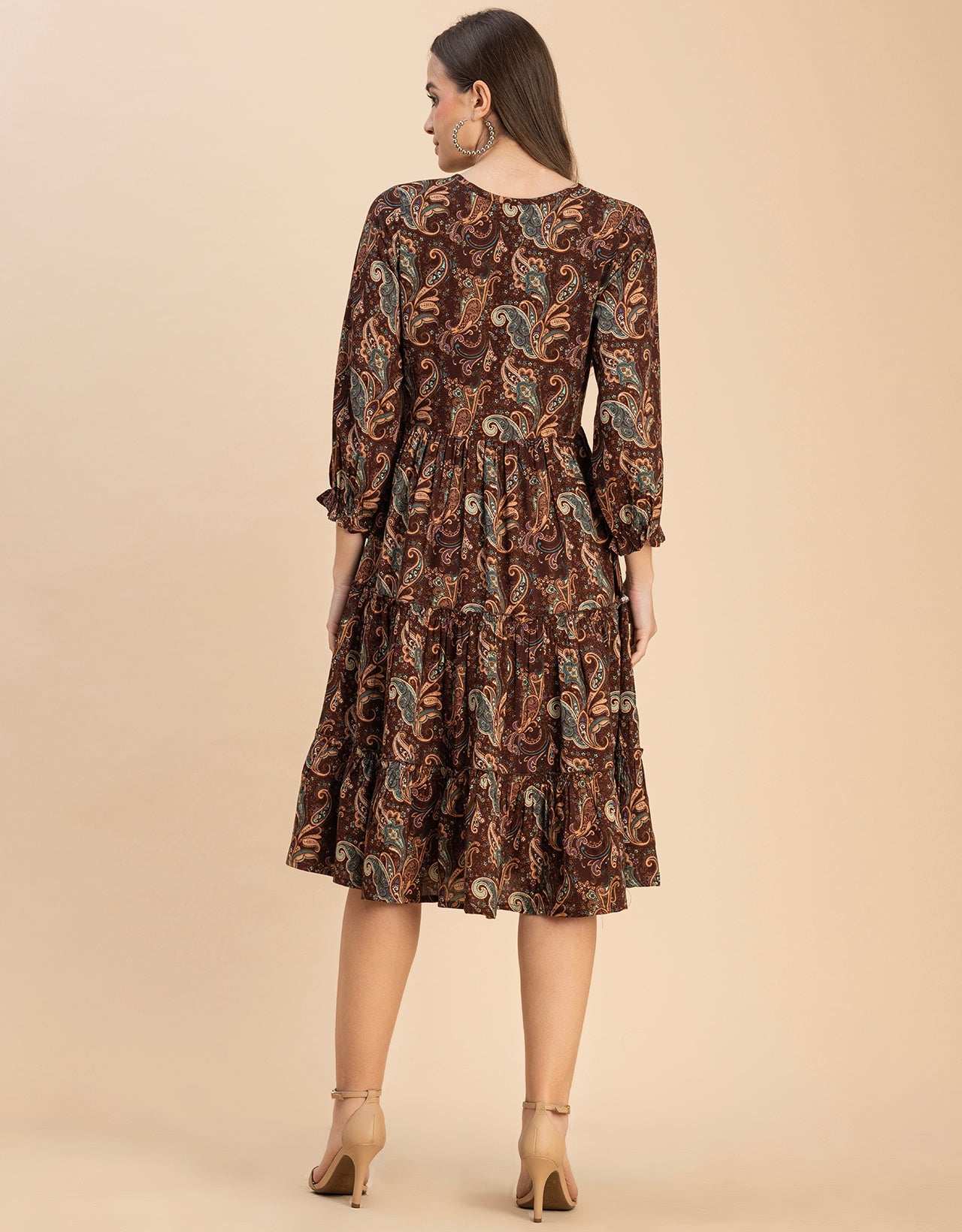 Long Sleeves Round Neck Printed Rayon Dress