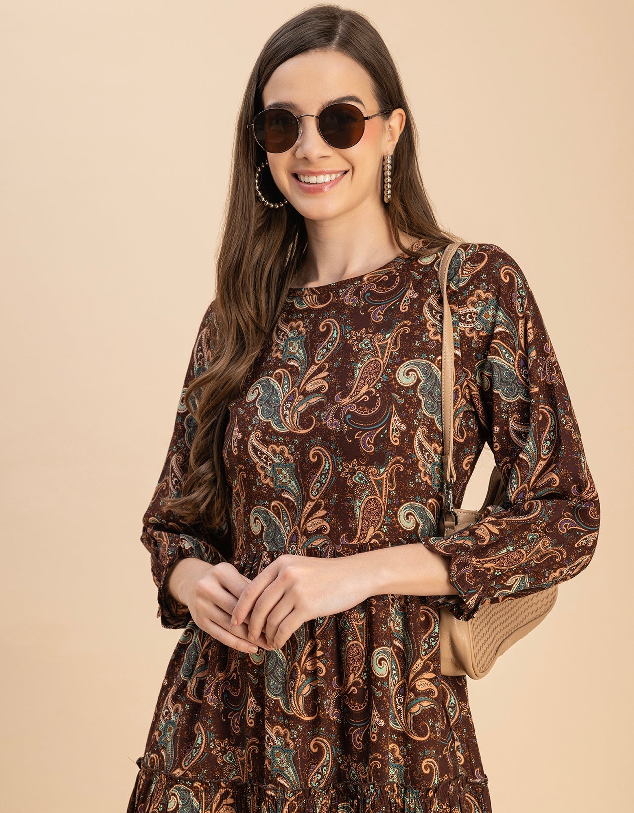 Long Sleeves Round Neck Printed Rayon Dress