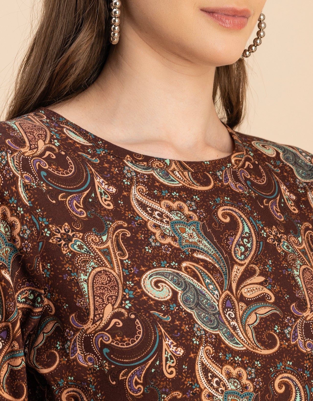 Long Sleeves Round Neck Printed Rayon Dress
