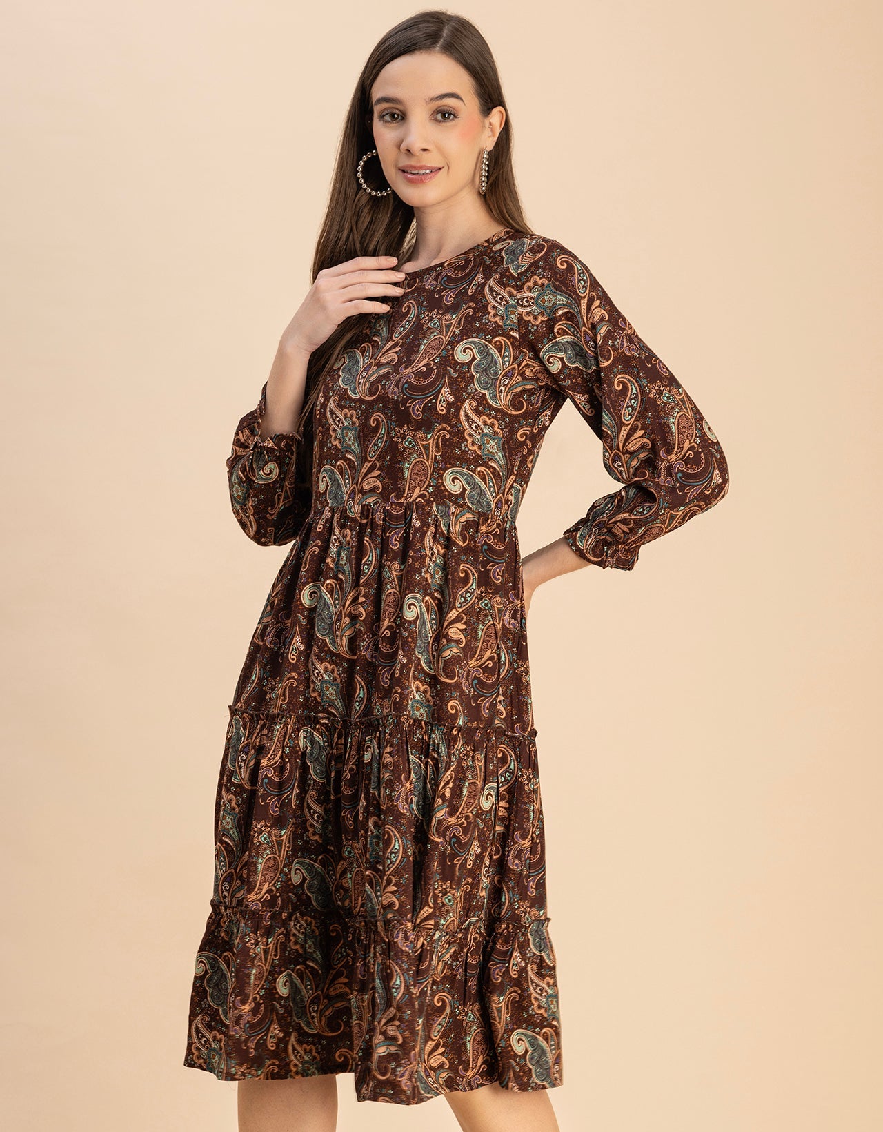 Long Sleeves Round Neck Printed Rayon Dress
