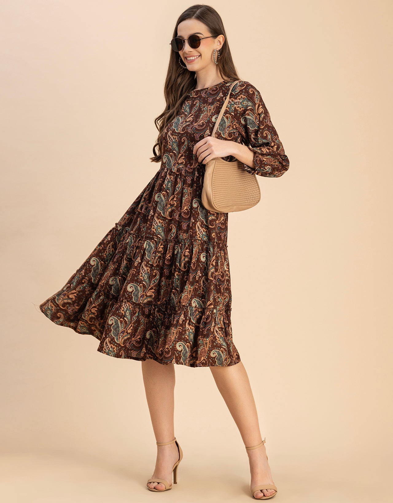 Long Sleeves Round Neck Printed Rayon Dress