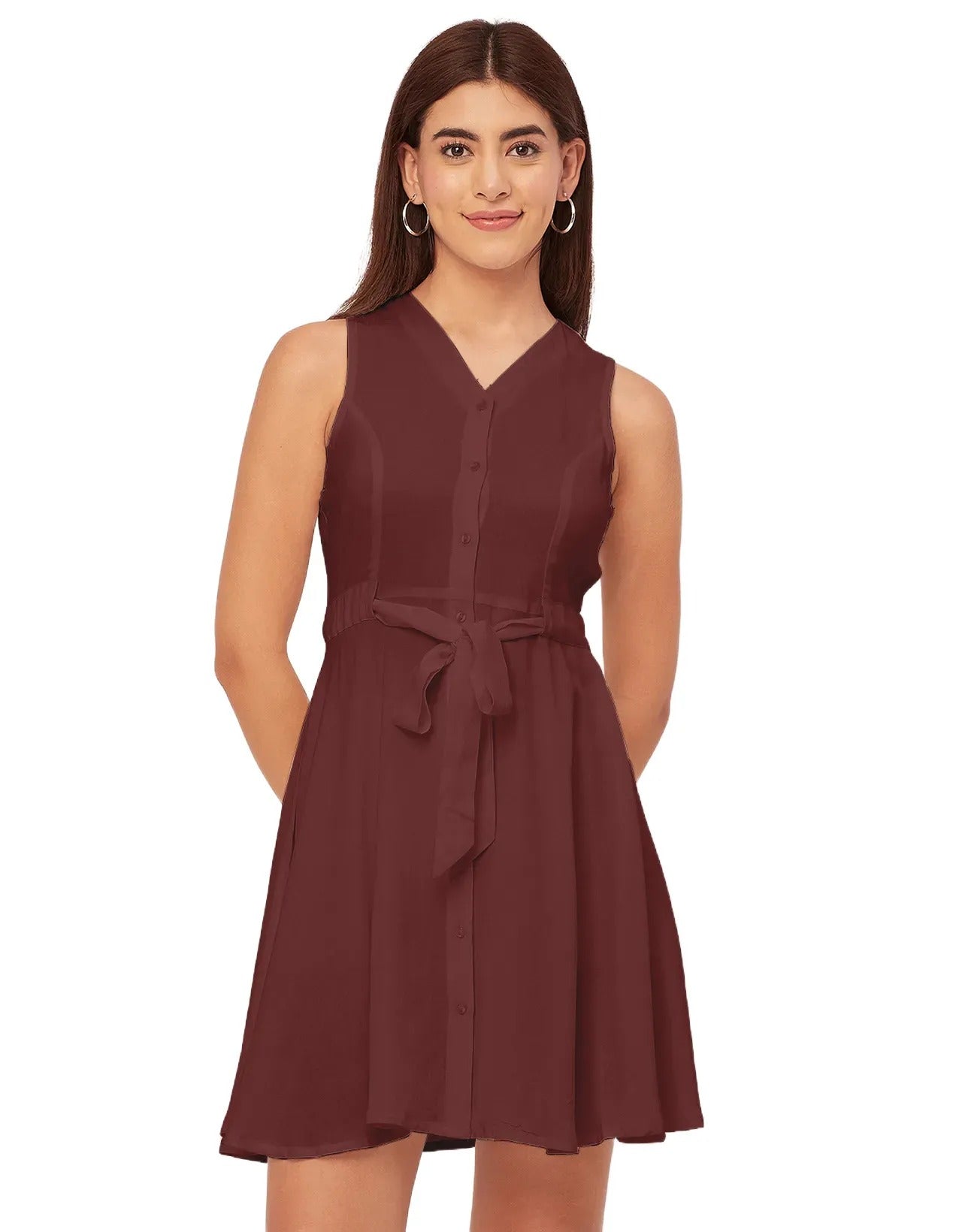 V Neck Rayon Sleeveless Fit And Flare Dress