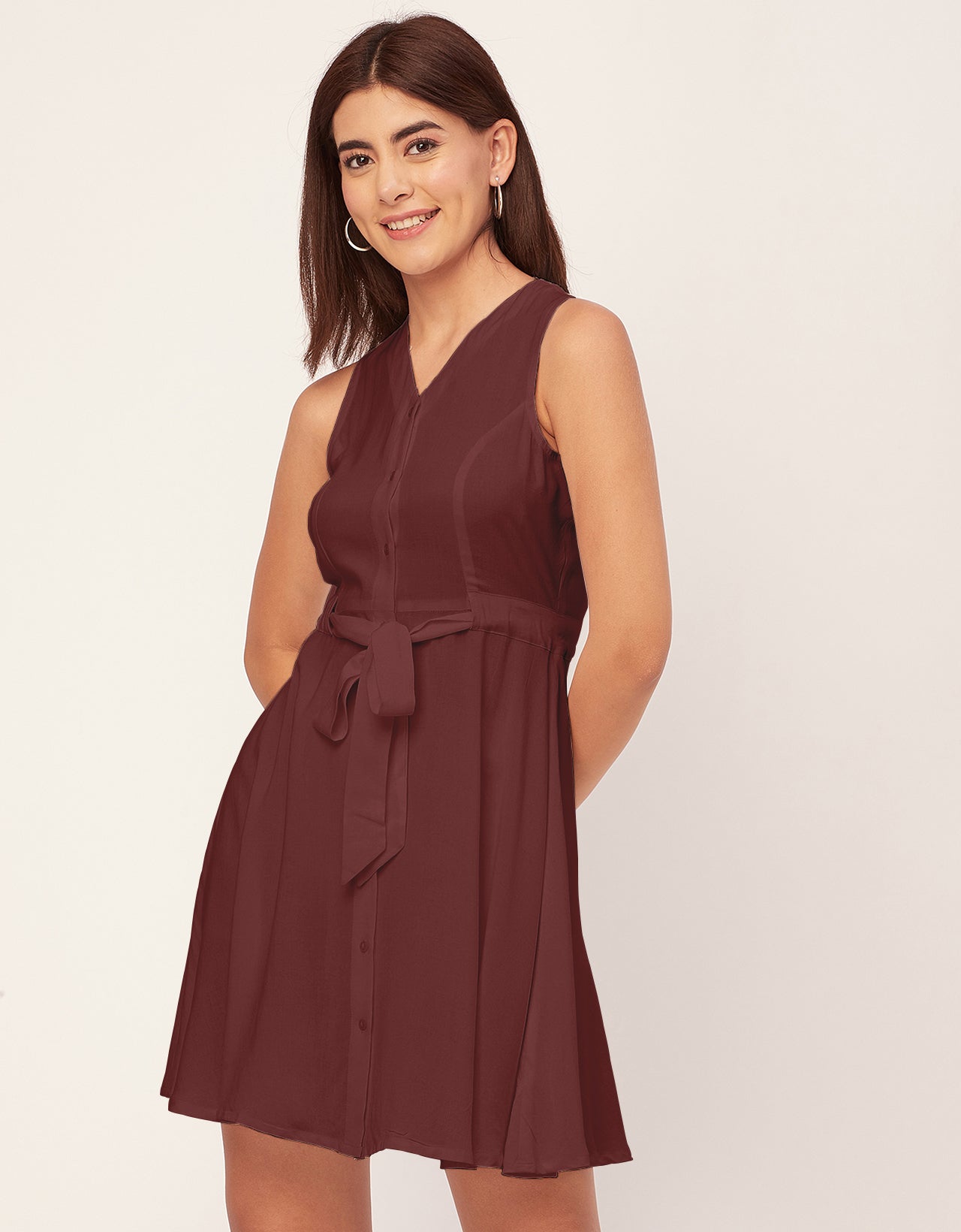 V Neck Rayon Sleeveless Fit And Flare Dress