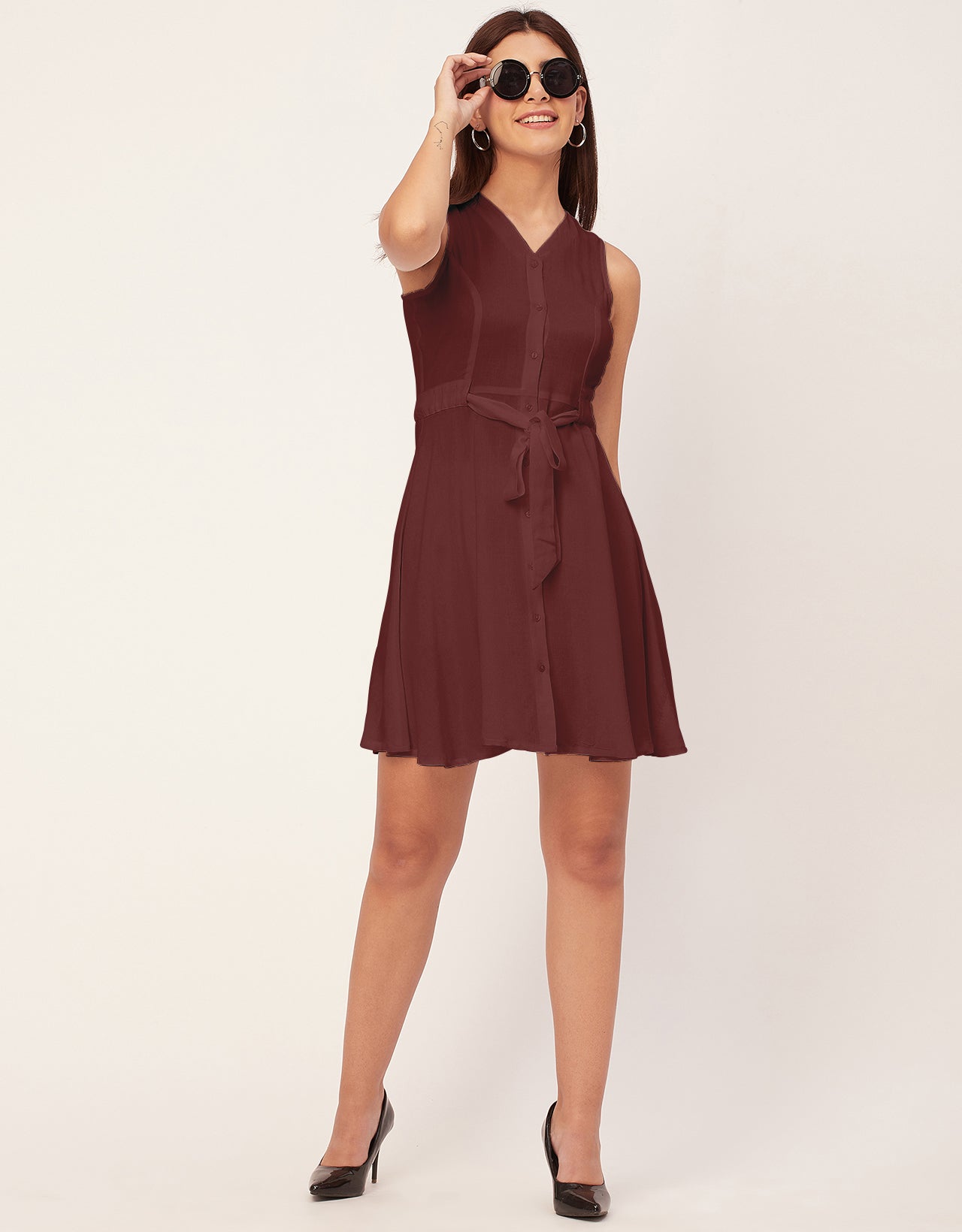 V Neck Rayon Sleeveless Fit And Flare Dress