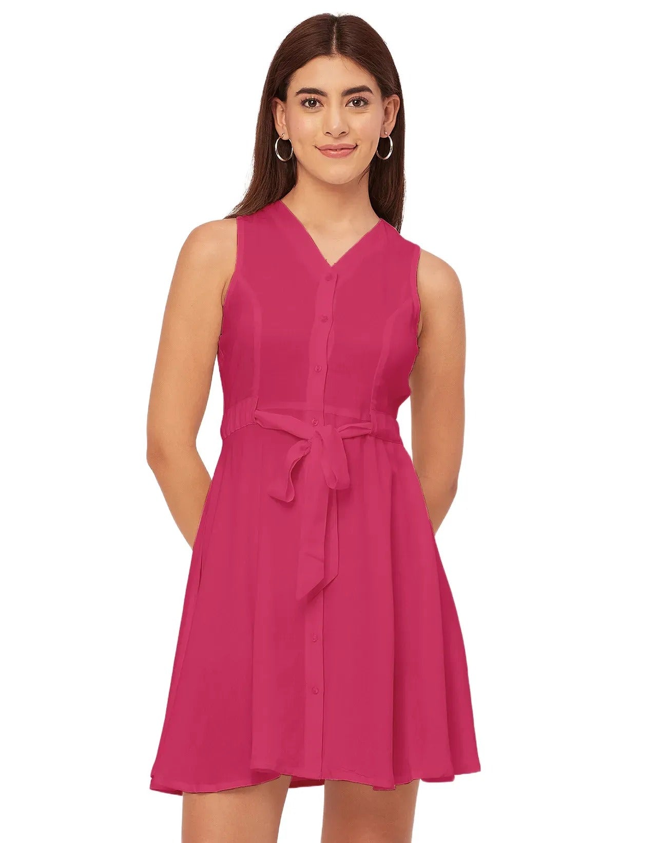 V Neck Rayon Sleeveless Fit And Flare Dress