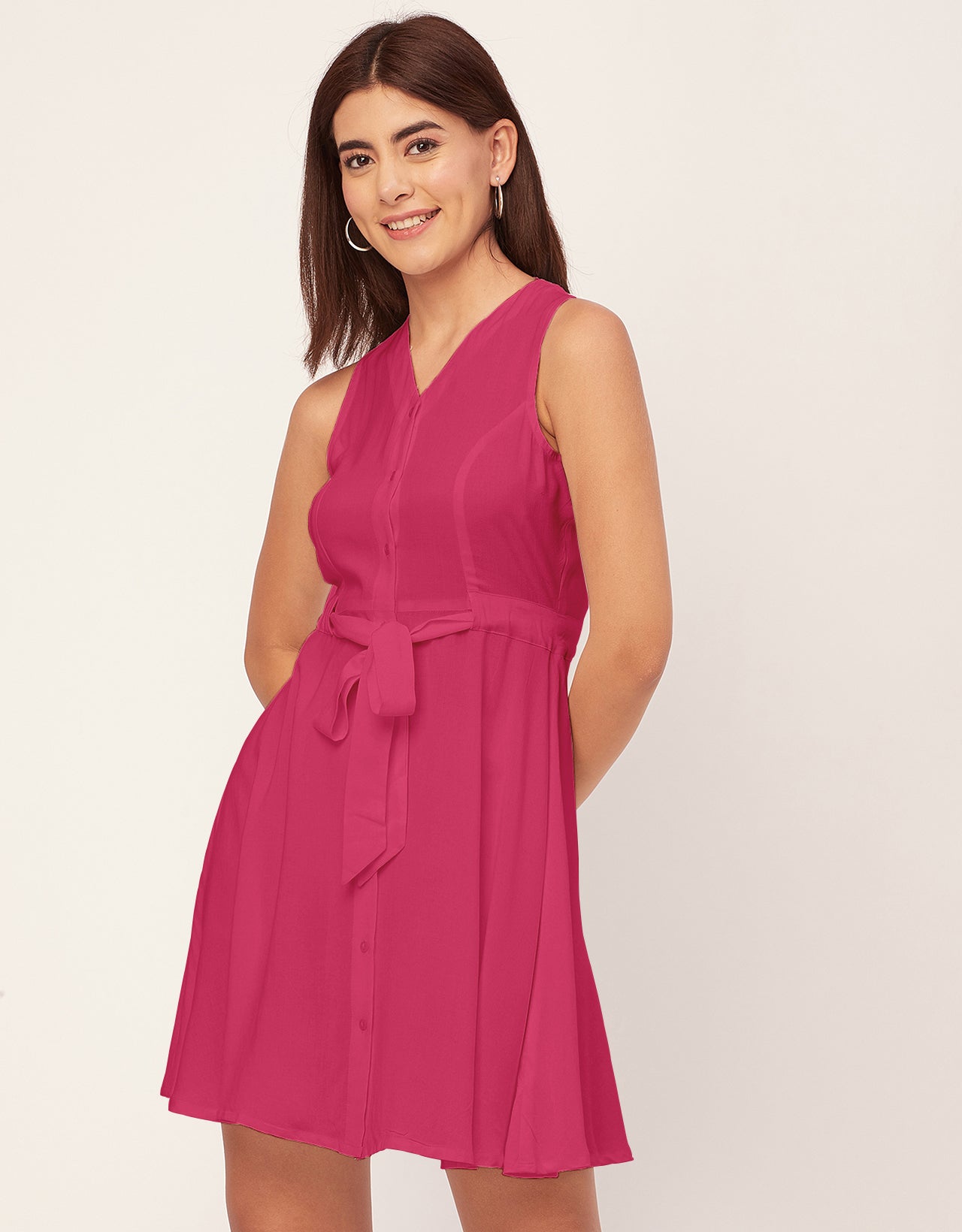 V Neck Rayon Sleeveless Fit And Flare Dress