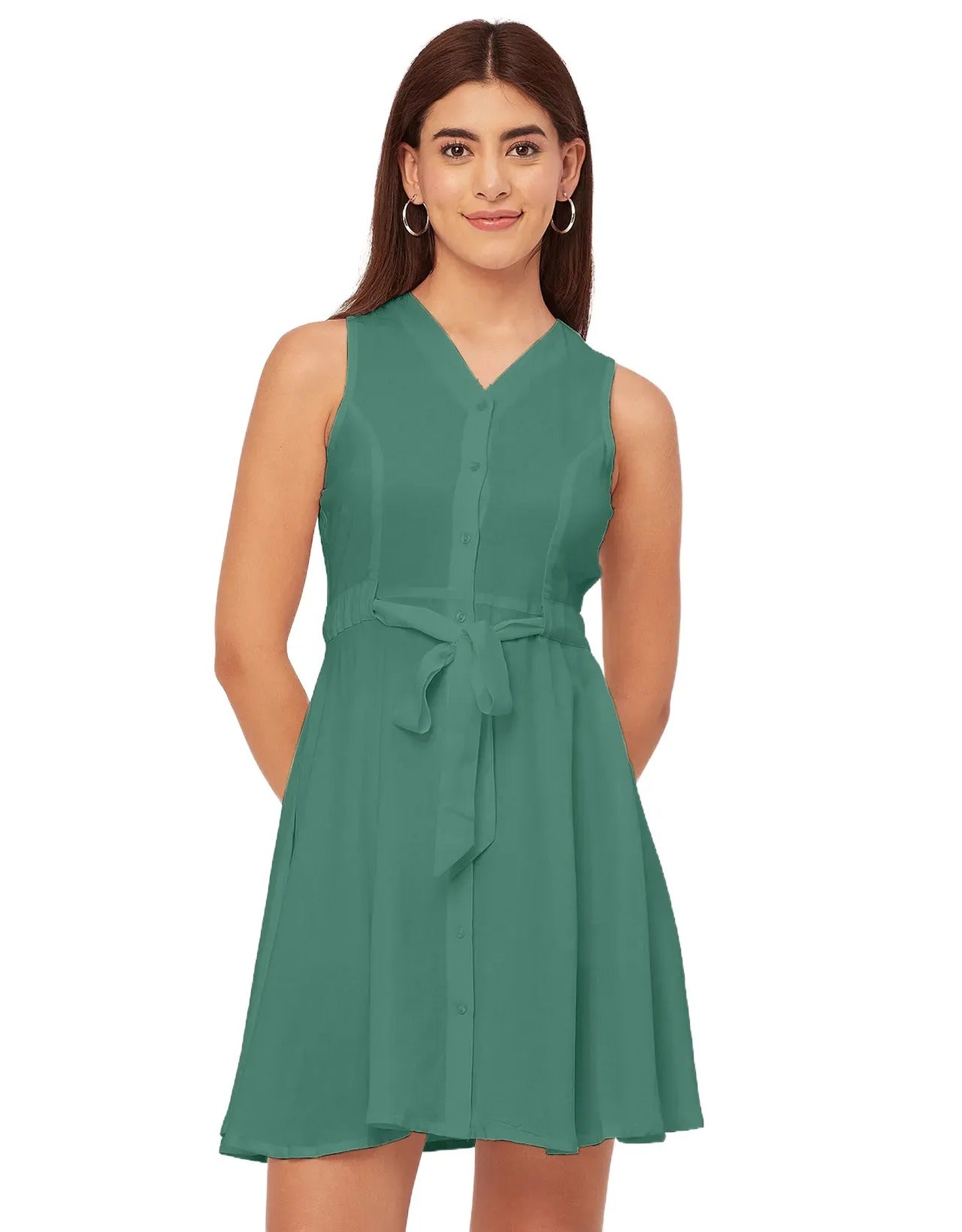 V Neck Rayon Sleeveless Fit And Flare Dress