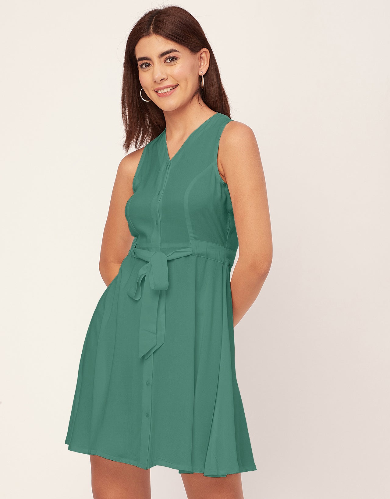 V Neck Rayon Sleeveless Fit And Flare Dress