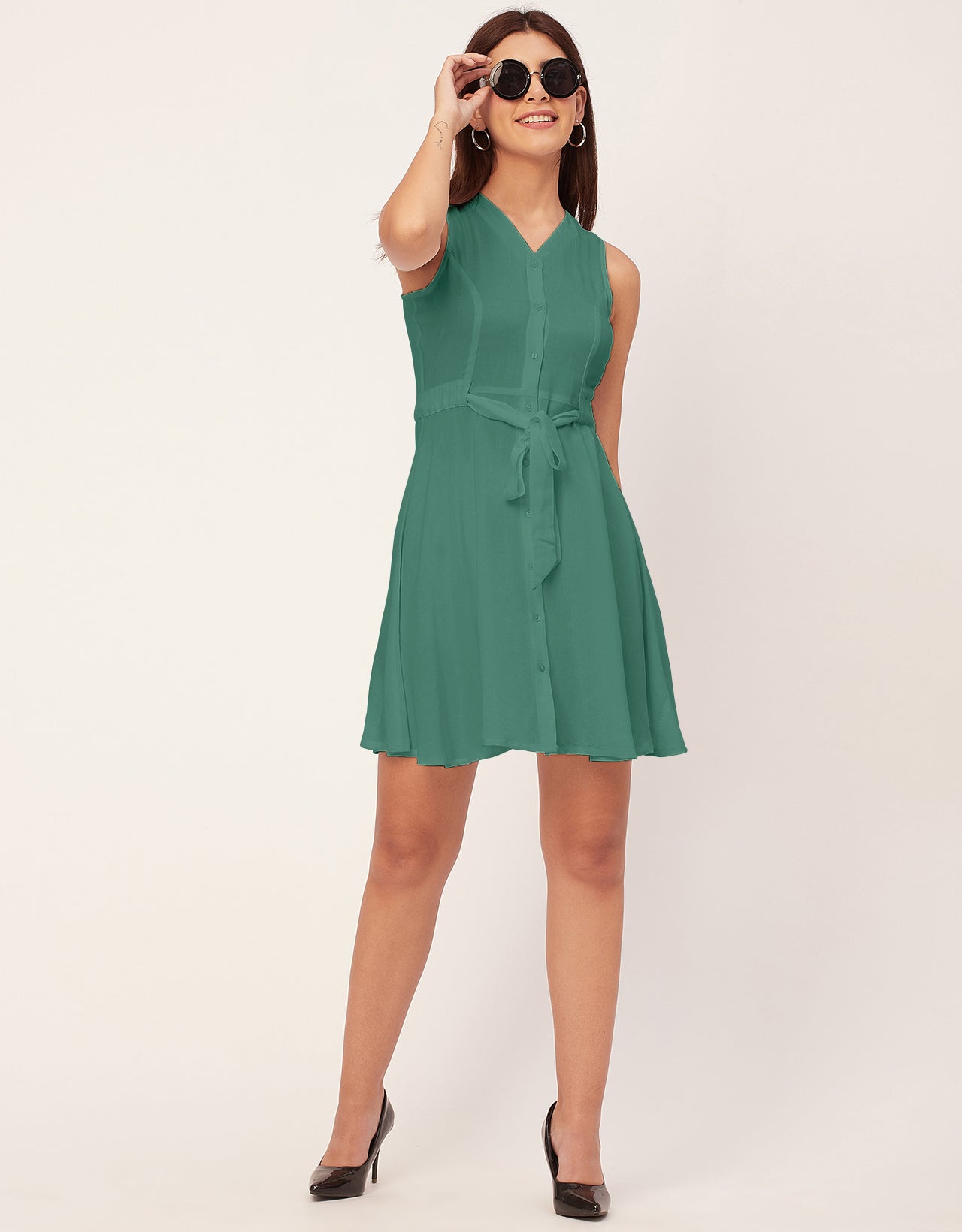 V Neck Rayon Sleeveless Fit And Flare Dress