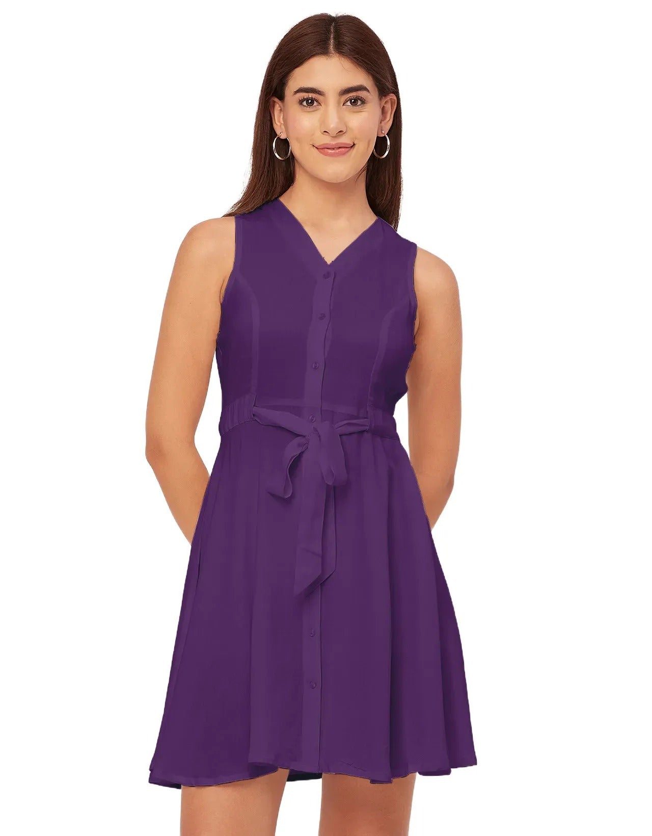 V Neck Rayon Sleeveless Fit And Flare Dress