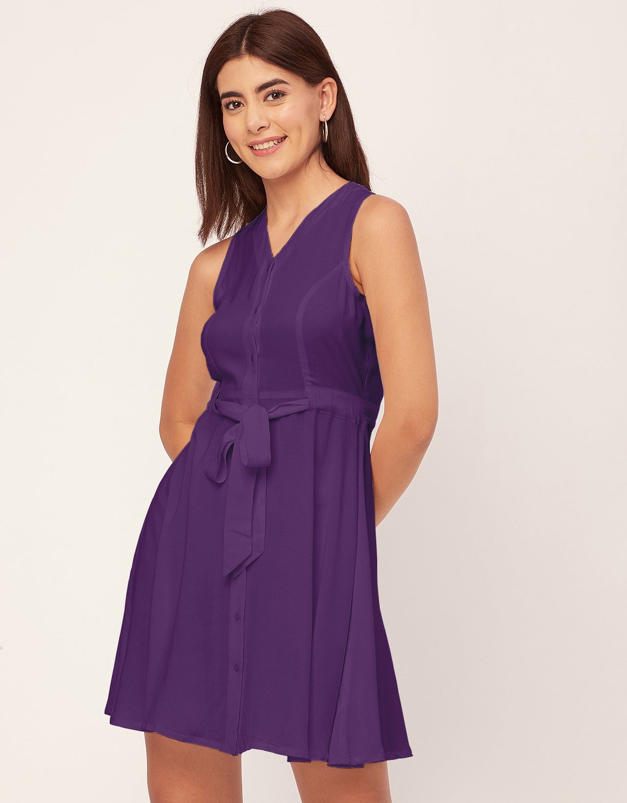 V Neck Rayon Sleeveless Fit And Flare Dress