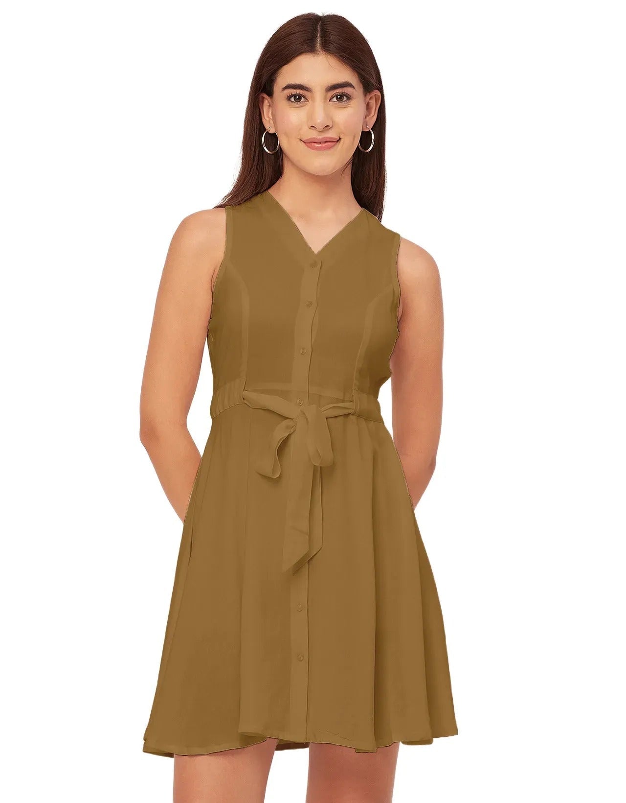 V Neck Rayon Sleeveless Fit And Flare Dress