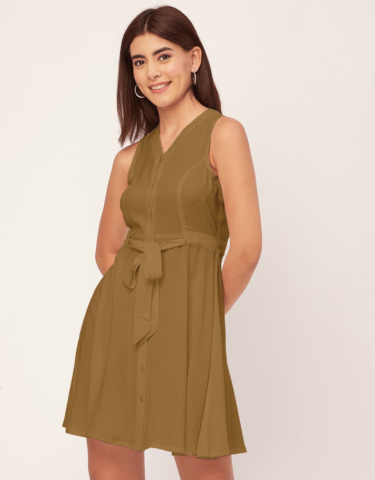 V Neck Rayon Sleeveless Fit And Flare Dress