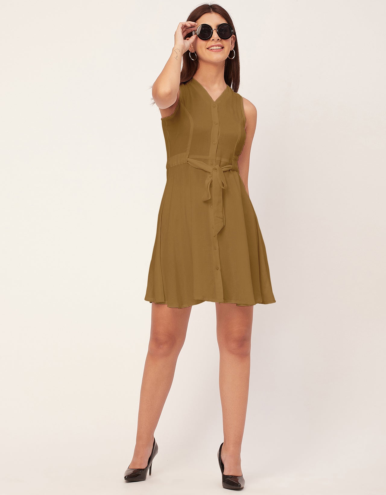 V Neck Rayon Sleeveless Fit And Flare Dress