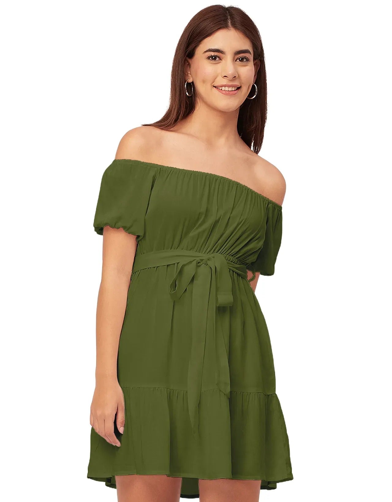 Off Shoulder Solid Rayon Gathered Dress
